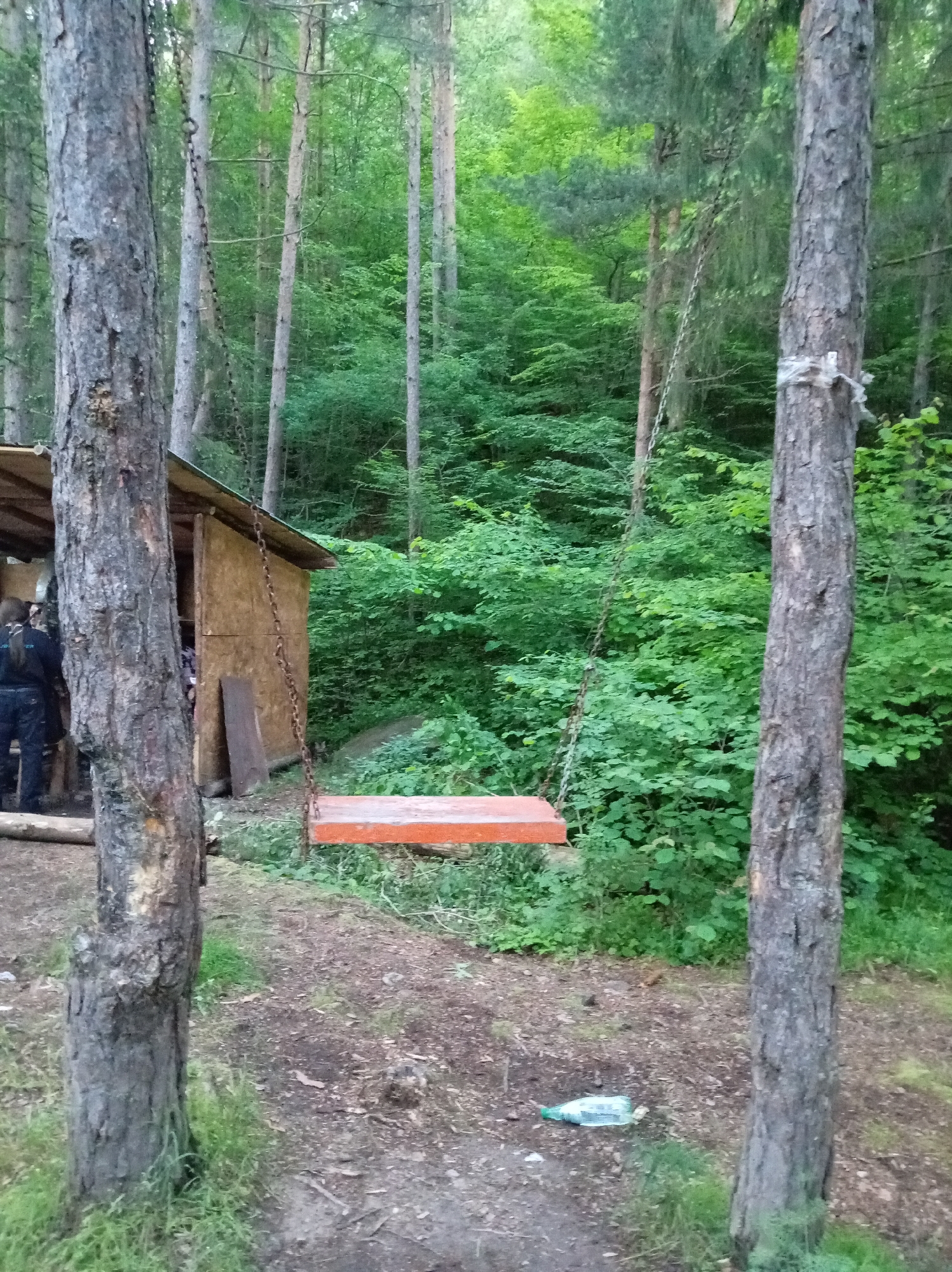 In a forest setting, an orange wooden swing seat hangs by chains between two trees. To the left of the swing, a small, open-sided wooden structure is visible, with a person standing inside. The ground is covered in dirt and scattered leaves, and green foliage forms a dense backdrop. A plastic bottle lies on the ground near the base of the right-hand tree.