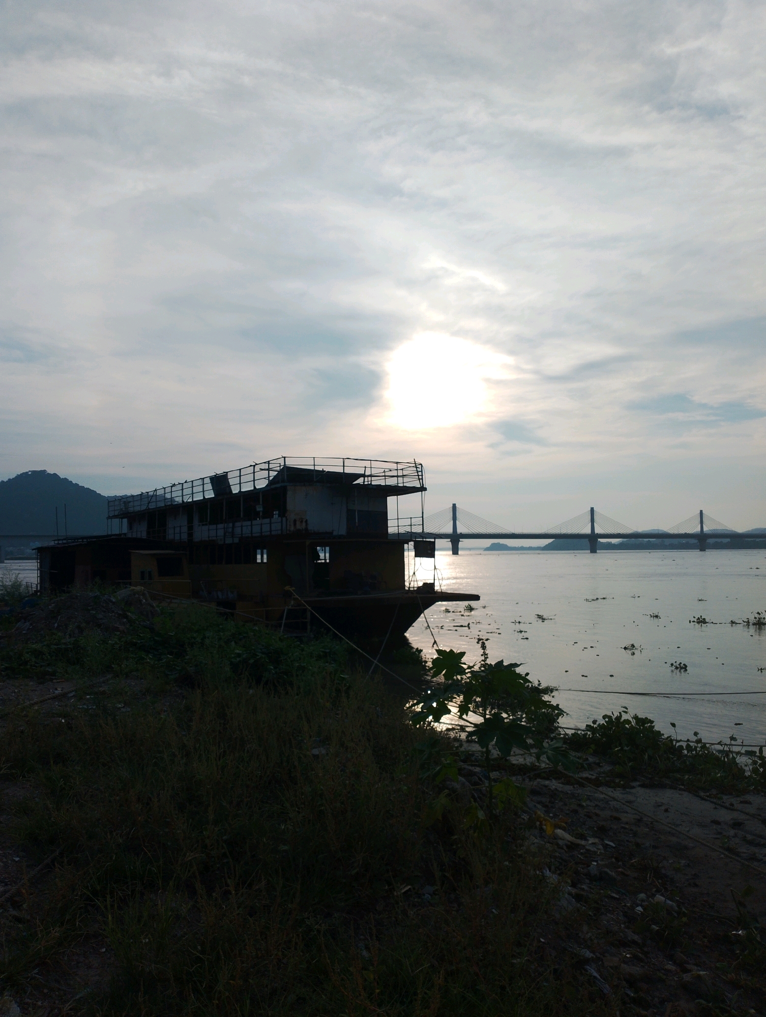 The image depicts a serene sunset scene on the Brahmaputra River in Guwahati, India. In the foreground, a derelict, multi-story boat or barge rests on the shore, its weathered structure silhouetted against the water. The boat appears abandoned, with rust and debris scattered around it.
The middle ground is dominated by the wide expanse of the Brahmaputra River, reflecting the soft hues of the setting sun. Scattered across the water are patches of aquatic vegetation, possibly water hyacinths, and small objects that could be buoys or debris.
In the background, a modern cable-stayed bridge spans the river, its towers and cables forming a stark contrast to the natural landscape and the old boat. The sun, partially obscured by clouds, casts a warm glow and creates a shimmering reflection on the water. A distant, mist-covered hill is visible on the left side of the frame, adding depth to the landscape.
The sky is overcast with soft, diffused clouds, with the sun creating a bright, hazy spot. The overall atmosphere is tranquil, tinged with a sense of melancholy due to the presence of the abandoned vessel. The image was taken from the riverbank, with lush, dry vegetation and uneven terrain in the immediate foreground.