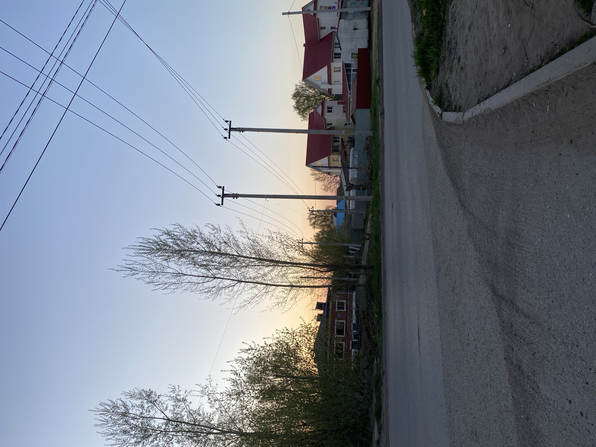 The image depicts a street scene in Chaikovsky, Russia. The view is along an asphalt road with a concrete curb on the right side. The left side of the road features utility poles connected by numerous power lines stretching diagonally across the sky. Several buildings are visible along the roadside, varying in size and architectural style; some have red roofs. Trees are interspersed between the buildings, some with bare branches and others with budding foliage. The sky is a gradient of light blue and orange hues, indicative of either sunrise or sunset. The overall scene suggests a quiet, residential area.