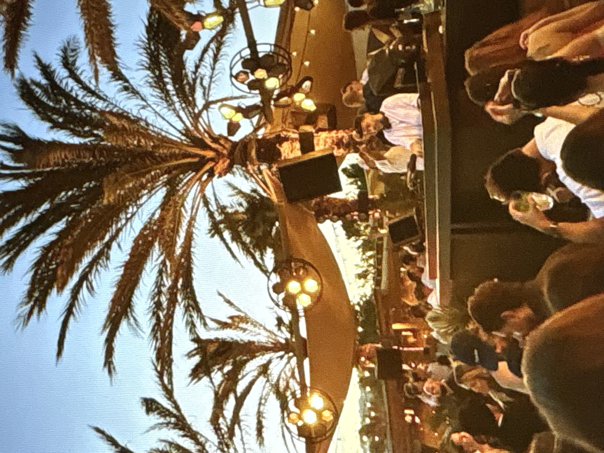 The image depicts an outdoor event with a DJ booth in the foreground. A DJ, wearing a light-colored shirt, is visible behind the booth, appearing to be mixing music. Several other individuals are present in the background, some holding drinks. The setting is characterized by palm trees, string lights, and what appears to be a tent or canopy overhead, suggesting a tropical or festive atmosphere. The sky is visible in the upper portion of the image, indicating it is either daytime or early evening. The overall scene suggests a lively gathering or party. The location is identified as Pori, Finland.