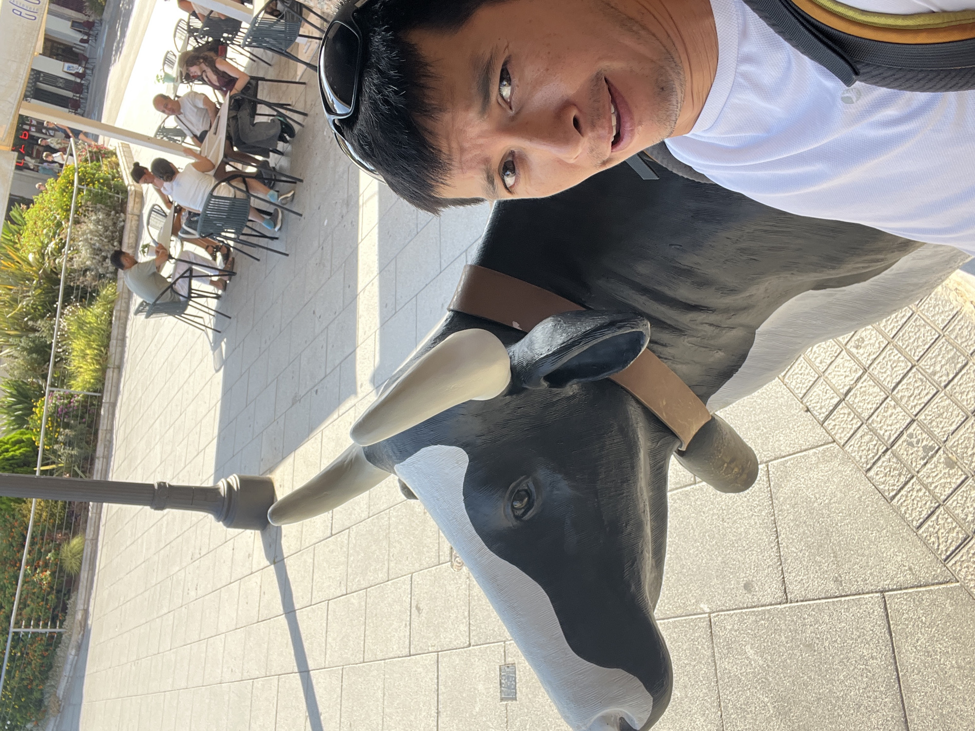 The image is a close-up selfie taken by a man in front of a black and white cow statue. The man is wearing a white t-shirt and sunglasses on his head. He is looking at the camera with his mouth open. To his left is the cow statue, which is large and appears to be made of fiberglass. The cow has a brown collar and bell. In the background, there are people sitting at tables outside a cafe, and buildings with awnings. The ground is paved with square tiles. The setting appears to be an outdoor plaza or street in a city. Based on visual cues such as the architecture and vegetation, this location is likely in the city of Tarragona, Spain. The bright sunlight suggests it is daytime.