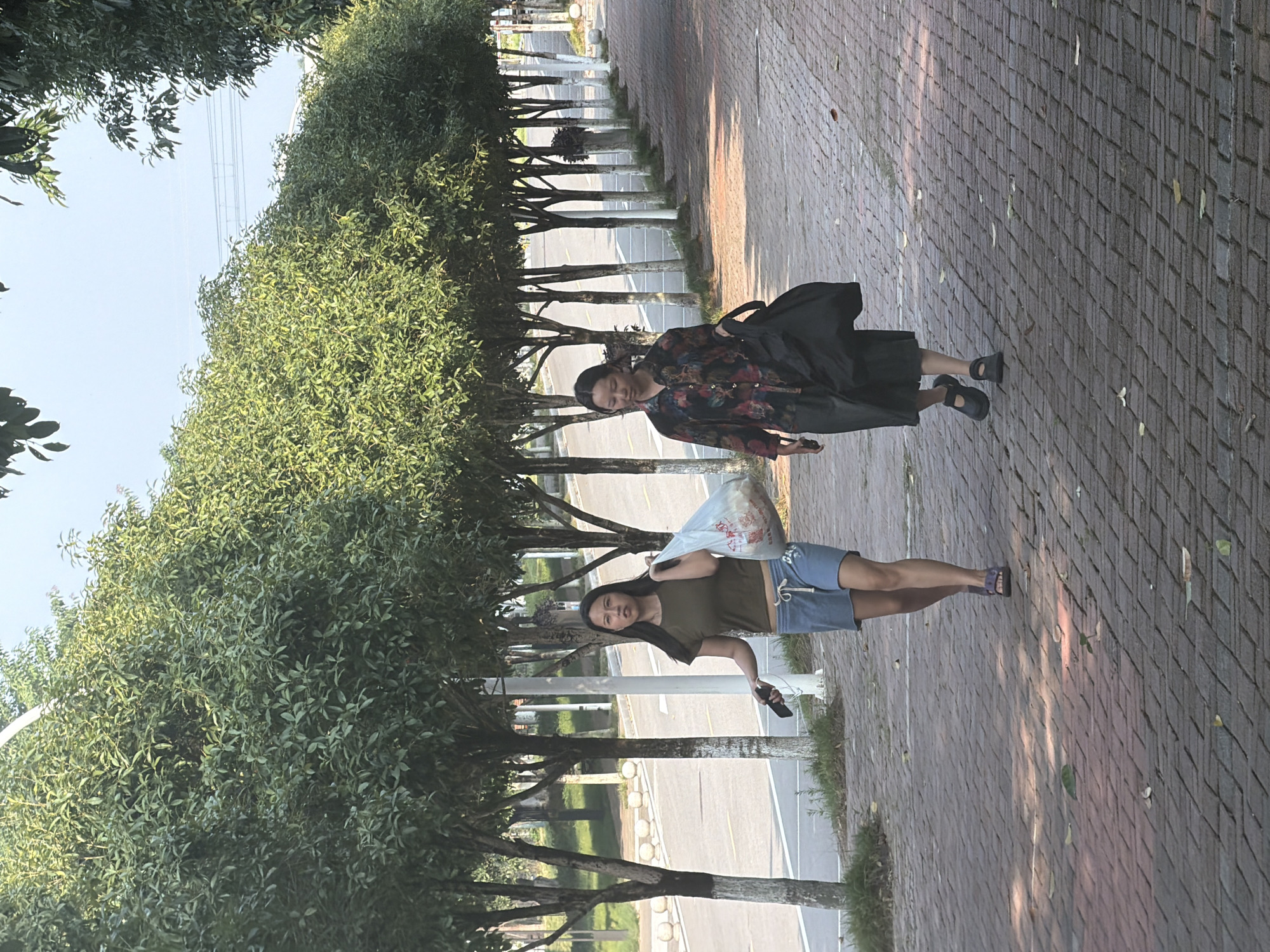 Two women are walking on a brick sidewalk lined with trees in Jiangjin District, China. The woman on the left is wearing a green t-shirt, blue denim shorts, and purple sandals. She is carrying a large plastic bag in her right hand and a smartphone in her left. The woman on the right is wearing a colorful, patterned long-sleeved shirt and a dark skirt, with black shoes. She is carrying a black bag in her right hand. A road is visible to the left of the sidewalk, with a row of trees and white poles along the other side of the road. The sky is clear and blue.