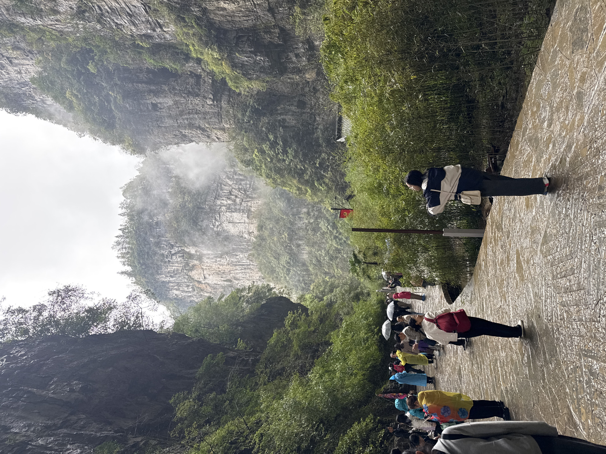 The image shows a natural canyon in Wulong District, China, with a stone pathway along its edge. A group of tourists, some with umbrellas, are walking along the pathway. The cliffs are covered in greenery and shrouded in mist. A red flag is visible on a pole near the path. The sky is overcast. One person in the foreground is looking over the edge.