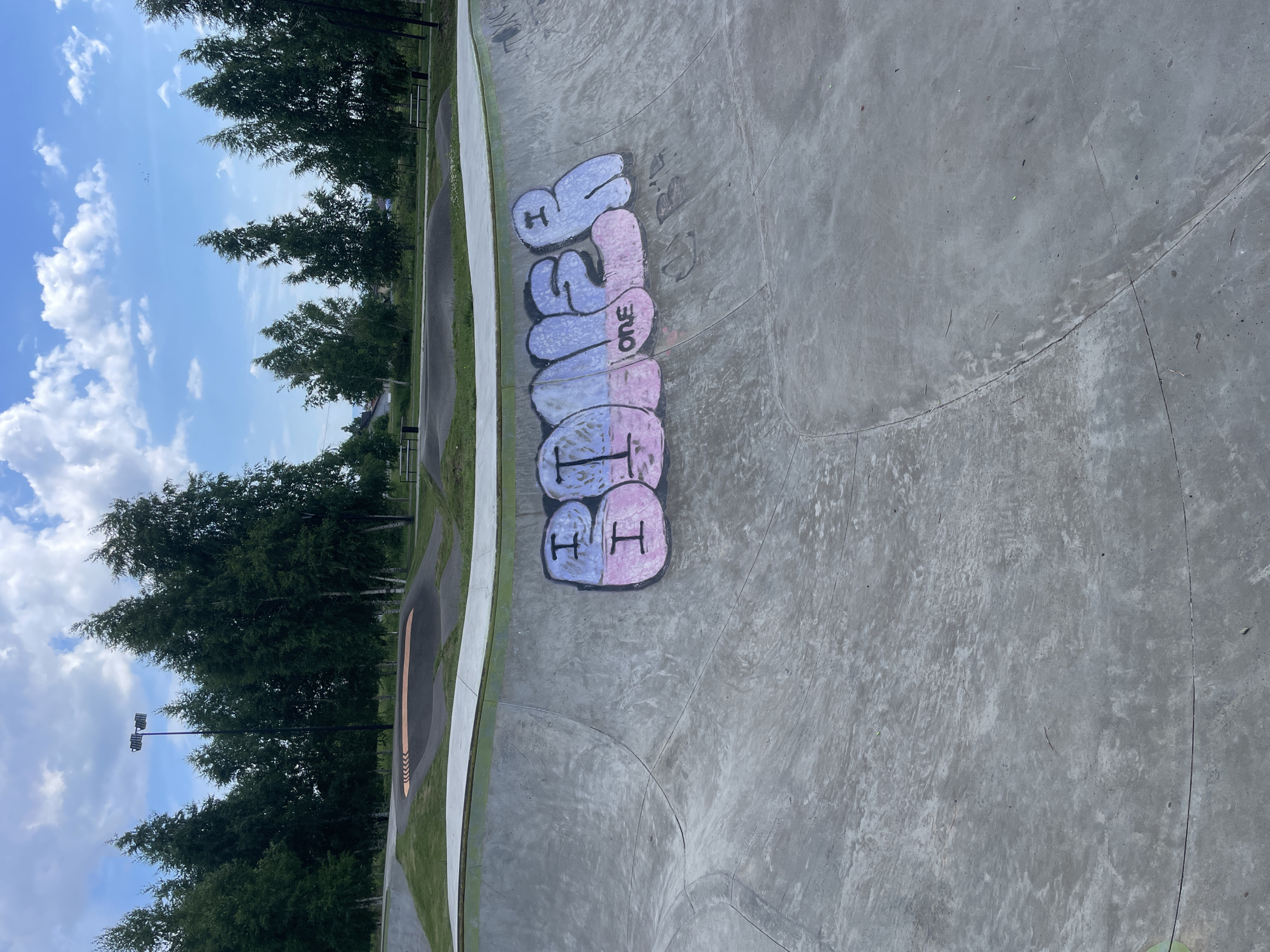 This image depicts a concrete skatepark, possibly in Laishevo, Russia. The foreground is dominated by the curved concrete structure of the skatepark, with graffiti applied to the wall. The graffiti features bubble letters in pink and light blue, with black outlines. One word appears to read "BONER," with the letters "ONE" also visible below part of the word. The skatepark is surrounded by green grass and trees. In the background, there are more trees, a clear blue sky with scattered clouds, and some distant buildings. The lighting suggests it is daytime. There are no people or animals visible in the image.