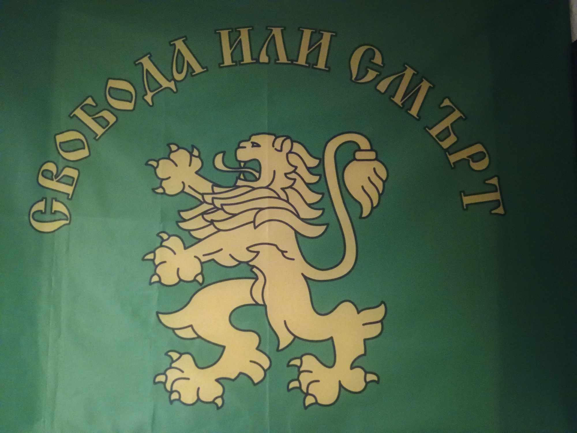 The image shows a green flag or banner with a golden rampant lion in the center. Above the lion, the Cyrillic text "Свобода или Смърт" is arched. This translates to "Freedom or Death" in English. The text and the lion design suggest a Bulgarian nationalist or revolutionary theme. This image appears to be a reproduction of a historical flag, possibly linked to Bulgarian independence movements. The scene is inside and appears to be a wall hanging.