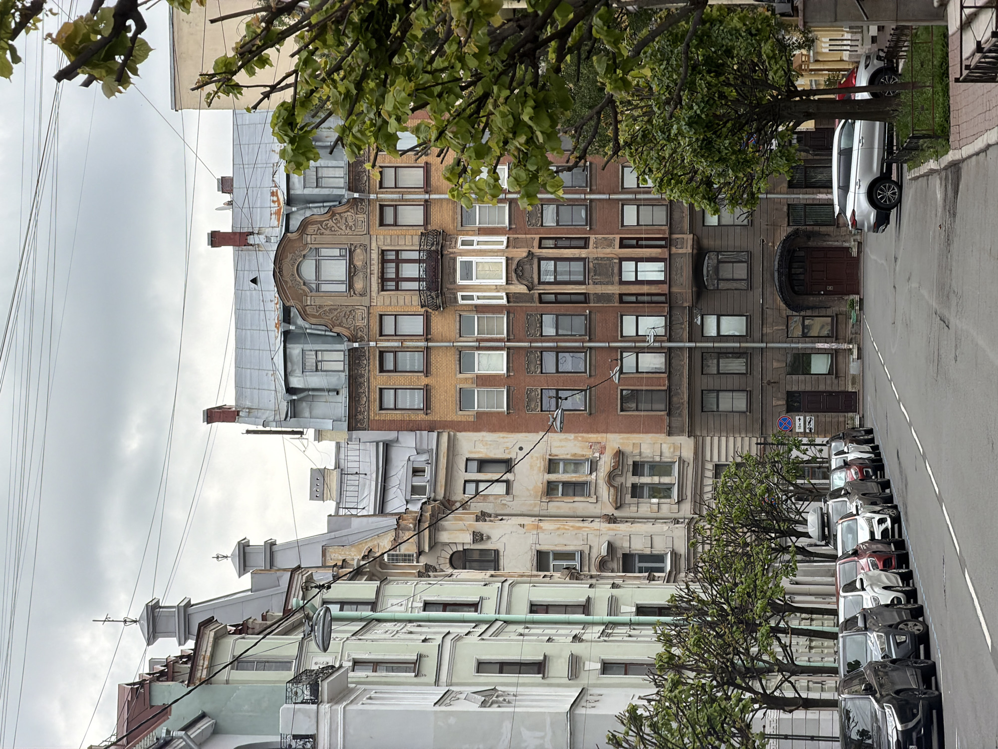 The image shows a street in Saint Petersburg, Russia, lined with old buildings of varying heights and architectural styles. The buildings feature multiple windows and decorative elements. Cars are parked along the right side of the street, adjacent to the buildings. Trees with green foliage are interspersed between the cars and the buildings, obscuring some details. The sky is overcast.