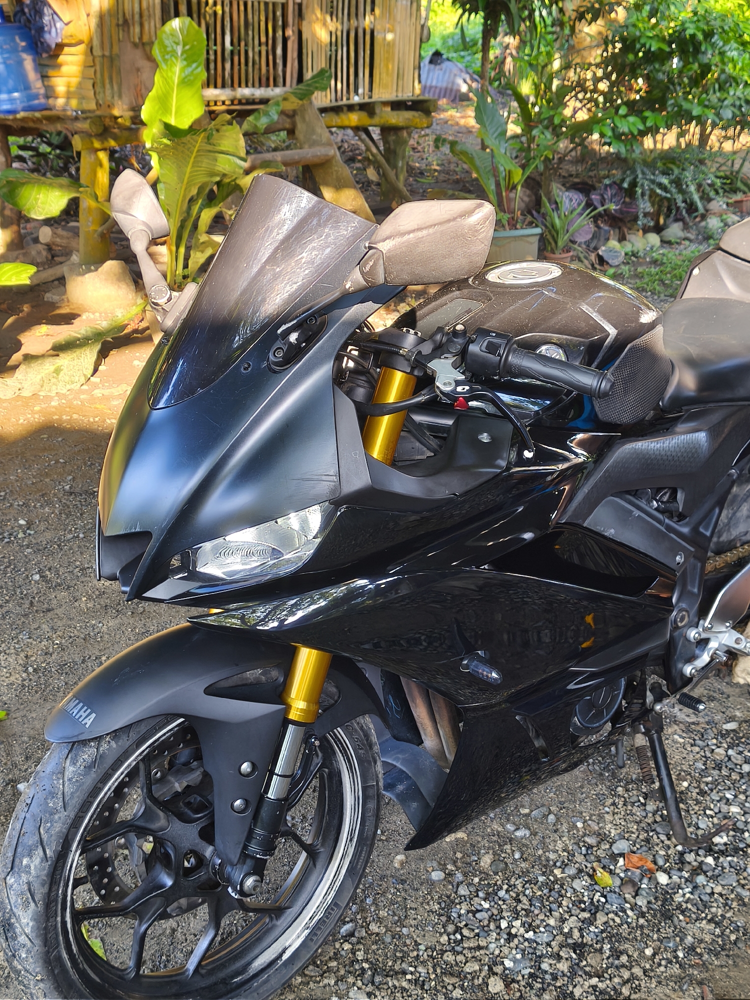 The image shows a black Yamaha motorcycle parked on a gravelly surface. The motorcycle features gold-colored front suspension forks, a black fairing with the "YAMAHA" logo on the front fender, and a dark windscreen. The motorcycle is parked with its kickstand down. The background consists of lush greenery, including various plants and what appears to be a bamboo structure. The location is Unknown, Unknown.