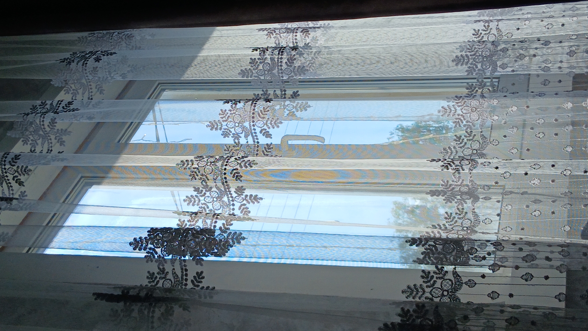 The image shows a window covered by a sheer curtain with a floral pattern. Light is visible through the window, suggesting daytime. The view outside the window includes a blue sky. The location is Unknown, Unknown.