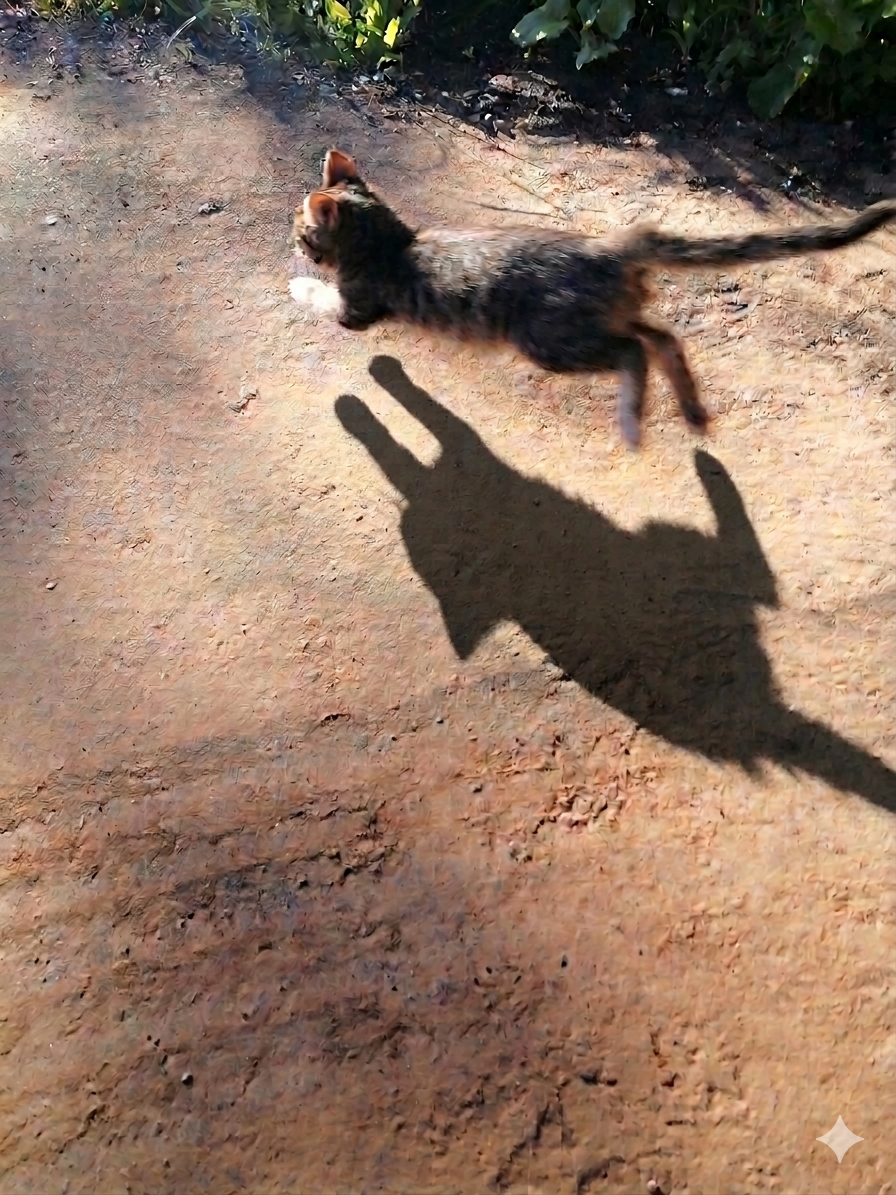 A small, tabby kitten is captured mid-leap across a dirt path. The kitten, with its fur a mix of brown and black stripes, is in full motion, its body elongated and its legs extended. The bright sunlight casts a long, distinct shadow of the kitten onto the ground, which is textured with dry soil and scattered debris. The shadow exaggerates the kitten's leap, with two prominent paw prints visible in the foreground of the shadow.
The scene appears to be outdoors, likely in a rural or natural setting, given the dirt path and the hint of greenery and foliage in the upper left corner of the image. The strong shadows indicate that the sun is positioned relatively low in the sky, suggesting it is either early morning or late afternoon. The lighting is harsh and direct, creating a high contrast between the illuminated areas and the deep shadows. There is no visible text in the image. The overall impression is one of playful energy and a captured moment of a young animal in motion.