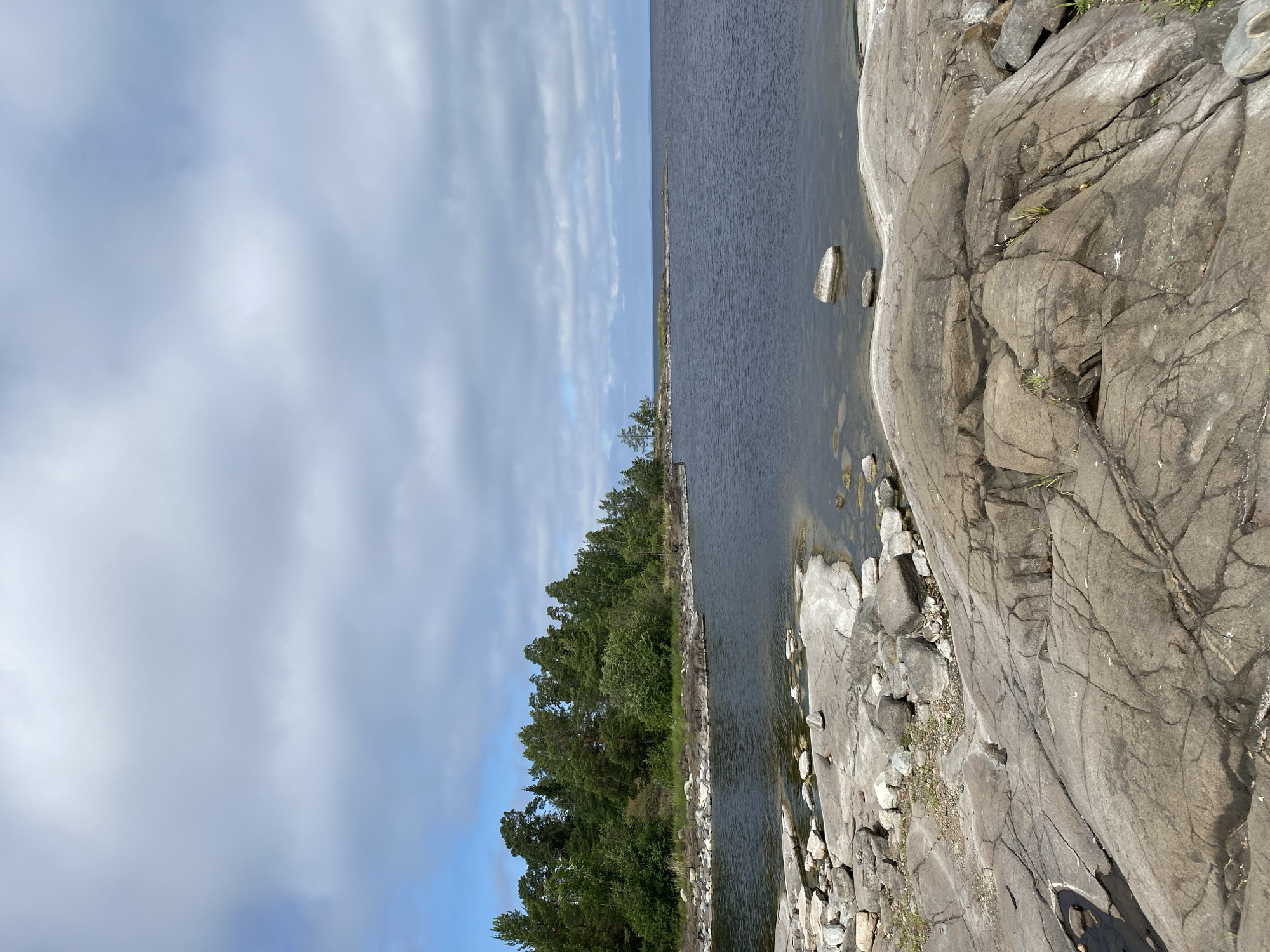 The image shows a rocky shoreline on Valaam Island, Russia, with a body of water and a treed coastline in the background. The foreground is dominated by large, flat, grey rocks with visible cracks and some sparse vegetation. The water is dark and appears relatively calm, with some smaller rocks visible near the shore and a few larger ones scattered in the water. The background features a dense line of green trees, primarily coniferous, with some smaller shrubs and grass along the water's edge. The sky is partly cloudy, with large, grey clouds interspersed with patches of blue sky. The overall scene depicts a natural, undeveloped landscape. There are no people or animals visible in the image.