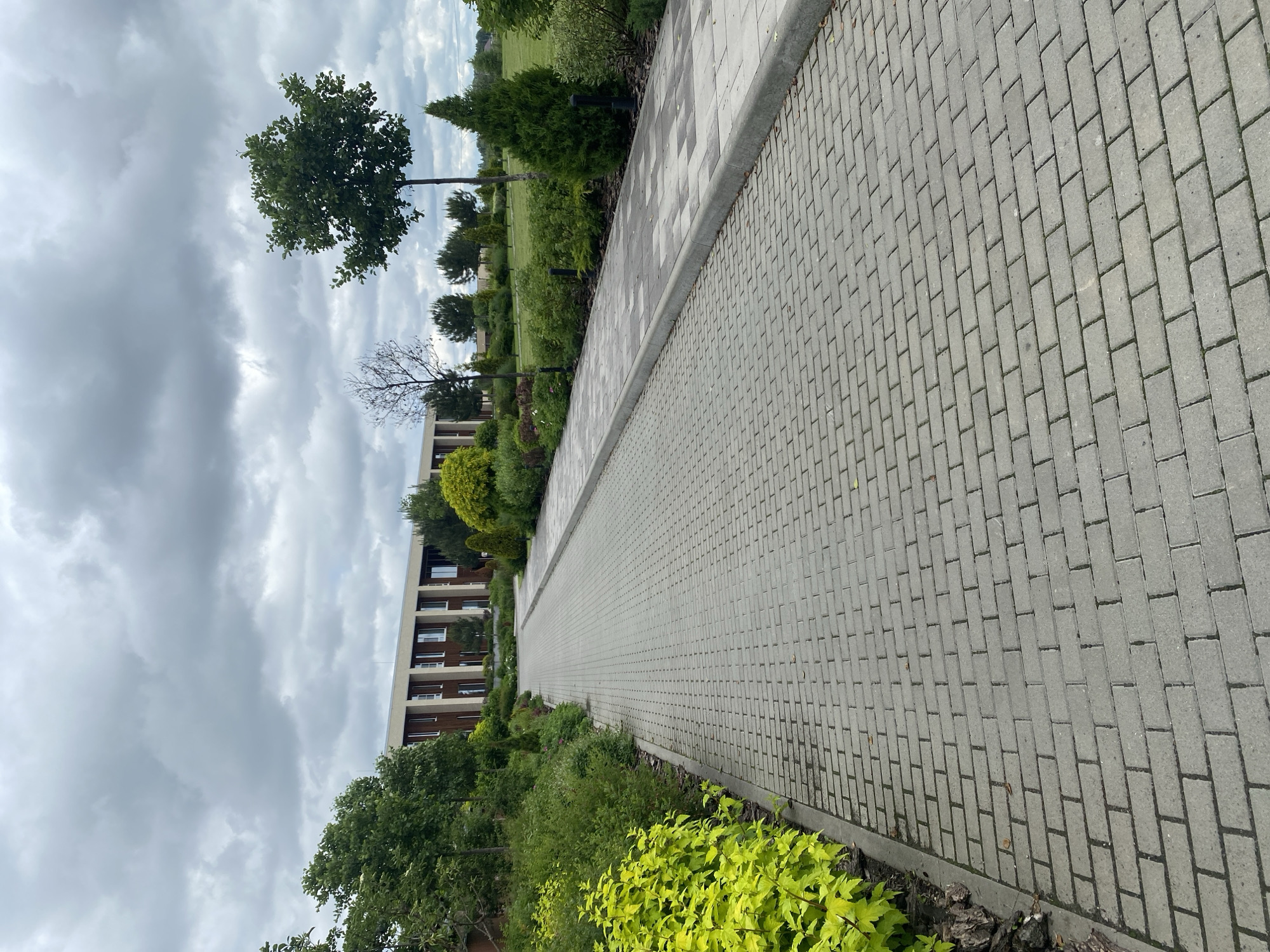 The image depicts a paved walkway leading towards a modern building with a light-colored facade and dark vertical accents. The walkway is constructed of rectangular gray pavers laid in a basketweave pattern. Lush green foliage, including bright lime-green bushes and darker green shrubs, lines the left side of the walkway. Beyond the bushes, a variety of trees, including a mature deciduous tree with dark bark and a conical evergreen tree, are visible. The building appears to be a hotel or office complex situated in a well-maintained landscape with manicured lawns and smaller trees. The sky is overcast with dramatic, heavy gray clouds. The overall setting suggests a suburban or rural environment, possibly a resort or business park on the outskirts of Rozhny, Ukraine. There are no people or animals visible in the image.