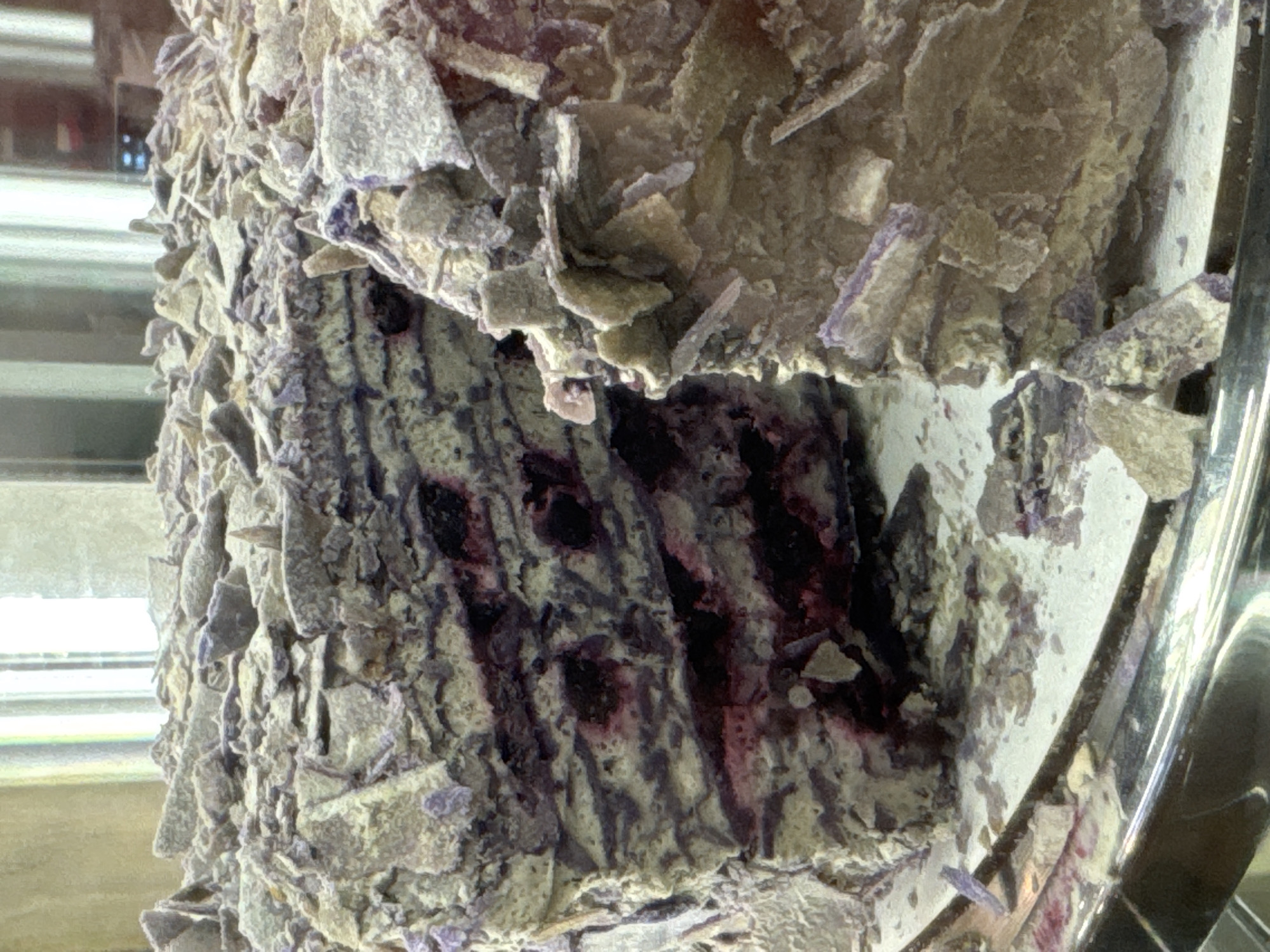 A close-up shot reveals a mineral specimen, possibly Fluorite, encased in a clear container. The mineral exhibits a layered structure with varying shades of gray and purple. The outer layer appears as aggregated plates, while the interior shows darker, near-black bands. The container reflects the surrounding environment. The location and city remain unknown.