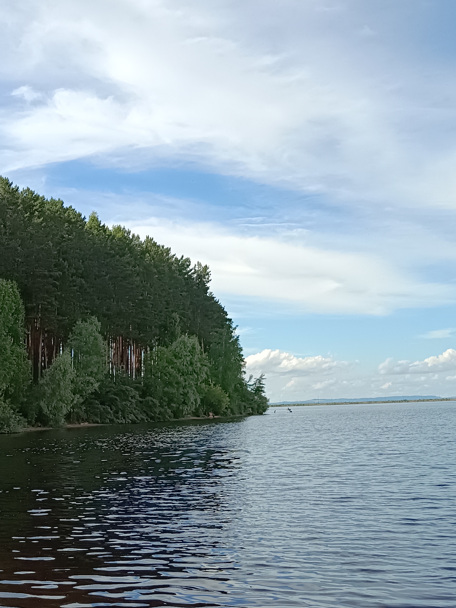 The image depicts a serene natural landscape, likely a waterfront area in Chaikovsky, Russia. On the left side of the frame, a dense forest, characterized by tall, dark green pine trees and interspersed lighter green deciduous trees, lines a calm body of water. The trees form a natural barrier along the shoreline, with their reflections faintly visible on the water's surface. The water itself is dark and exhibits gentle ripples, suggesting a peaceful environment.
The horizon is dominated by a vast sky with scattered white clouds against a pale blue backdrop. In the distance, a low-lying landmass can be observed, possibly a distant shore or hills, marked by faint structures or power lines, hinting at human presence beyond the immediate natural setting. A couple of distant figures are visible on the water, one appearing to be on a small boat or kayak, and another person standing near the shore in the far right. The overall impression is one of natural beauty and tranquility, typical of the areas surrounding the Kama River reservoir, which is a prominent feature of Chaikovsky.