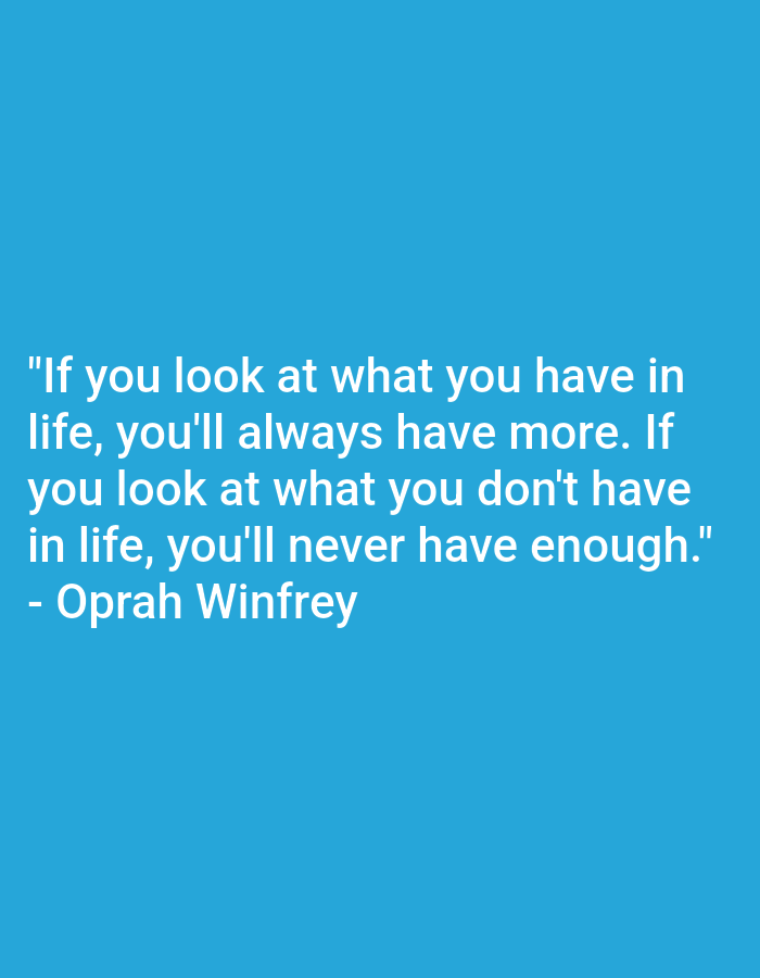 The image contains white text on a blue background. The text reads: "If you look at what you have in life, you'll always have more. If you look at what you don't have in life, you'll never have enough." - Oprah Winfrey. There are no people, subjects, objects, actions, interactions, or environmental elements present in the image other than the text and background. The image is a digital graphic and does not depict any specific location in Babakan Madang, Indonesia.