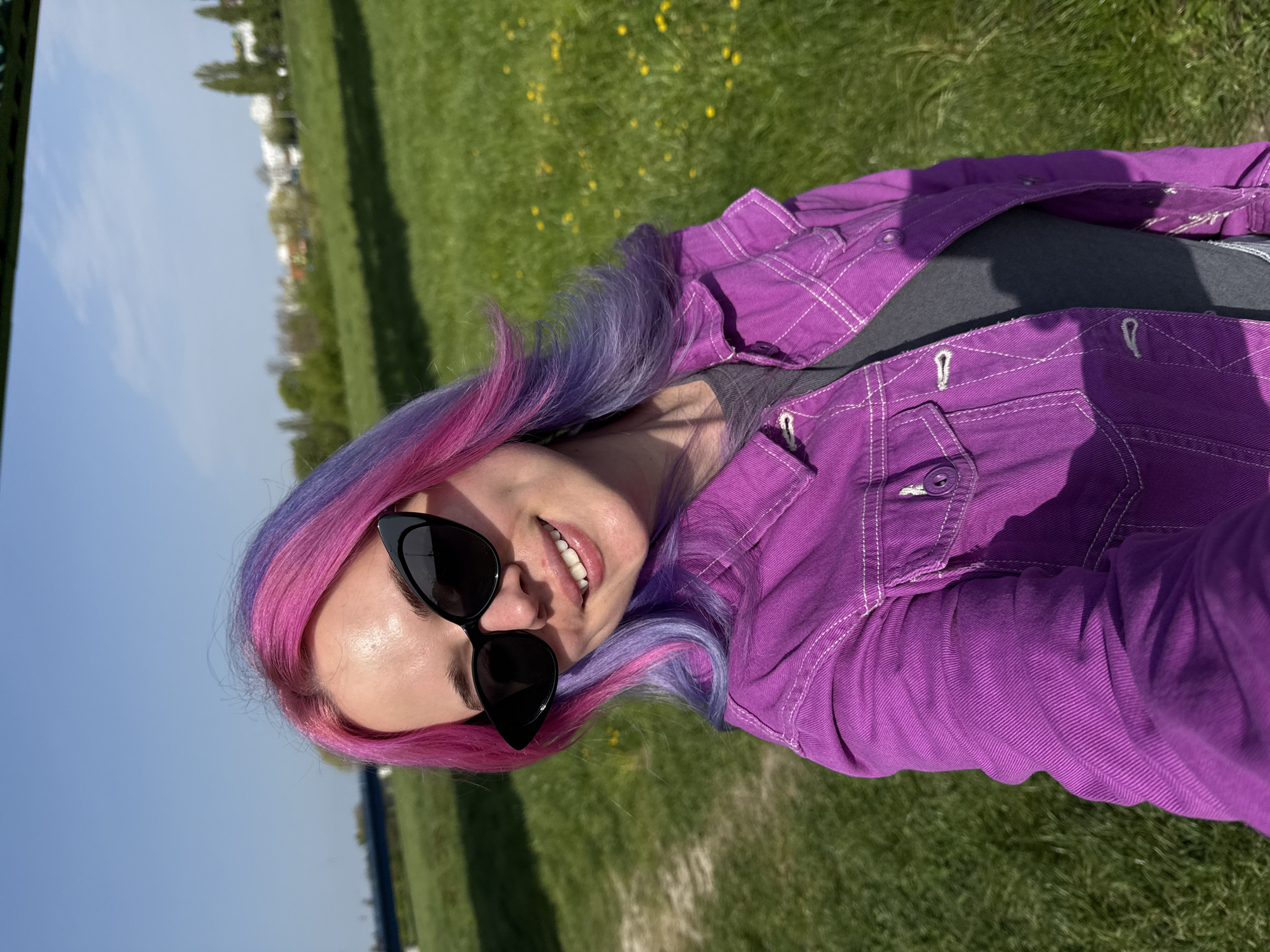 A person with vibrant pink and purple hair is posing in a grassy field on a sunny day. They are wearing black sunglasses and a purple jacket over a gray shirt. The location appears to be a park or green space, with a glimpse of buildings and trees in the background. The scene is likely in City of Zagreb, Croatia, based on the prompt. The individual is smiling, indicating a positive mood.