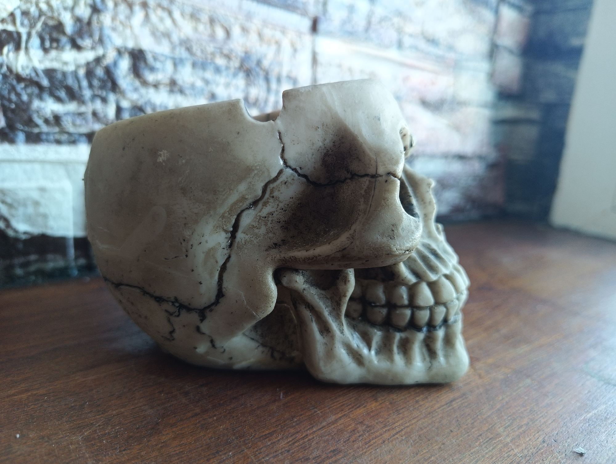 A close-up, side-profile shot captures a weathered, cracked, light-colored skull-shaped object resting on a wooden surface. The skull appears to be a decorative item or prop, with dark, inky lines suggesting cracks and age. The background consists of a textured wall, possibly brick or stone, rendered in muted blues and grays, out of focus. The lighting is soft, casting subtle shadows. No people are present in the image, and no specific location in Karnobat, Bulgaria, can be identified from the visual information provided. The scene is static and devoid of action.