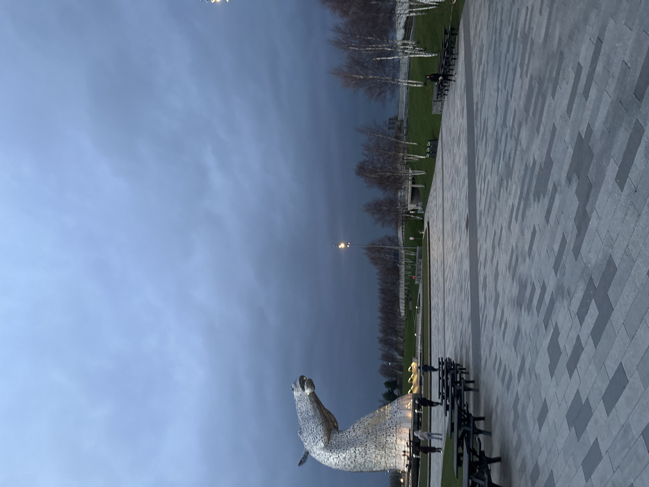 The image displays an outdoor plaza at The Helix, Falkirk, United Kingdom, under an overcast, dark grey sky, indicating dusk or early morning. The central subject on the left is one of "The Kelpies," a monumental sculpture of a horse's head constructed from interlocking metallic plates, illuminated from its base. The foreground consists of a patterned paved surface with various shades of grey rectangular tiles. Multiple dark-colored picnic tables with integrated benches are arranged on this paving and on a grassy bank to the right. Approximately five individuals are observed standing near the base of the sculpture on the paved area. A single person in dark clothing stands near a group of picnic tables on the right side, adjacent to a grassy slope. In the mid-ground, a tall street light with a bright yellow-orange luminaire is active. The background features a landscape of bare-branched trees, some with light-colored trunks, bordering a grassy area and obscuring a distant concrete structure resembling a bridge or underpass.