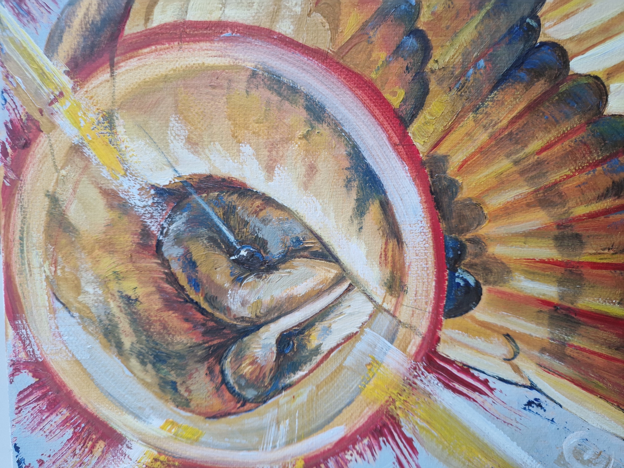 This image is a close-up photograph of an abstract or semi-abstract painting, characterized by visible, textured brushstrokes indicative of acrylic or oil paint. The artwork is dominated by a warm color palette of yellows, oranges, reds, and earthy browns, with accents of white, light blue, and dark blue/black.
At the core of the composition is a tightly coiled form, rendered in a mix of browns, blues, and whites, which could be interpreted as a stylized human figure curled up, or a similar organic shape. This central element is encircled by a prominent, irregular spiral painted in vibrant reds, oranges, and yellows, creating a sense of dynamic motion both inward and outward.
To the right, a fanned-out pattern resembling rays or feathers radiates from behind the spiral, depicted with distinct strokes in warm tones and darker blue/black details at their tips. Energetic, thick brushstrokes of bright yellow, white, and red extend diagonally from the central spiral towards the canvas edges, particularly visible on the left and bottom, enhancing the painting's overall sense of movement and vitality.
The painting does not depict a specific event or activity but rather seems to be a symbolic representation. The combination of warm colors and expressive brushwork evokes feelings of energy, warmth, or a contemplative state. There is no visible text within the artwork, and the setting is entirely abstract, confined to the visual space of the canvas.
