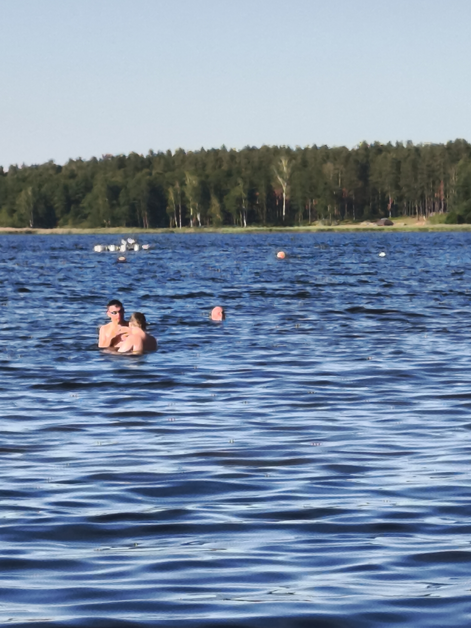 This media file shows a serene lake scene in Daugavpils, Latvia. The foreground is dominated by the rippling blue water, indicating a calm day. In the middle ground, two people are swimming. One person, wearing goggles, is facing forward and appears to be looking at the other person, who is embracing them from behind. Their bodies are mostly submerged in the water. Further in the distance, another person's head is visible above the water.
Across the lake, a dense line of trees forms a lush green backdrop against a clear, light blue sky. The trees suggest a natural, undeveloped shoreline. Several buoys or markers are scattered on the water, hinting at a designated swimming or boating area. One buoy appears to be orange, and another is white. A cluster of white objects, possibly birds or floating debris, is also visible near the buoys in the distance. The overall impression is one of leisurely activity on a pleasant day. The clear sky and calm water suggest it is daytime, likely during the warmer months. No text is visible in the image.