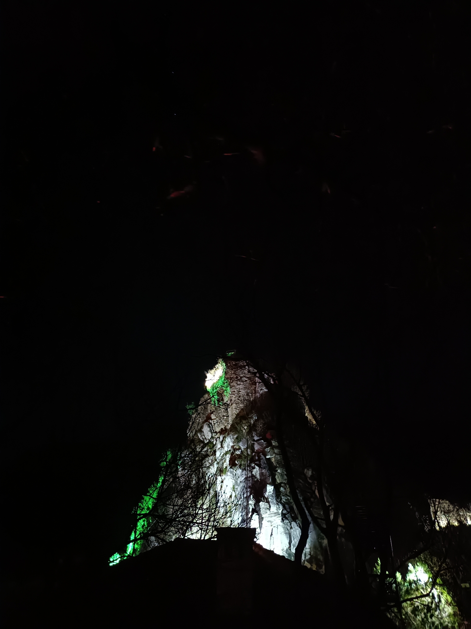 The image displays a nighttime scene focusing on a rugged rock formation, likely part of Asen's Fortress in Asenovgrad, Bulgaria. The upper two-thirds of the frame are dominated by a dark sky, with faint, scattered red specks possibly indicating distant light sources or atmospheric phenomena. The lower portion of the image features a steep, irregular rock face that is artificially illuminated.
A central section of the rock face, spanning from the lower-center to the mid-right, is brightly lit with white light, revealing its rough, textured surface. To the left and higher up on the formation, a significant area is illuminated with a vivid green light. The interplay of white and green lighting highlights the contours and features of the rock.
Bare tree branches, largely silhouetted against the dark background and partially obscuring the illuminated rock, are visible in the foreground, particularly on the left and extending across the mid-section. Within the white-lit rock face, a vertical structure resembling a ladder or integrated steps can be discerned, ascending the steep incline. At the very peak of the formation, faint architectural remnants or fortifications are dimly visible, characteristic of an ancient stronghold. No individuals, specific actions, or interactions are observable in the scene. The overall environment suggests a natural, elevated rock formation adapted with historical structures, viewed at night.