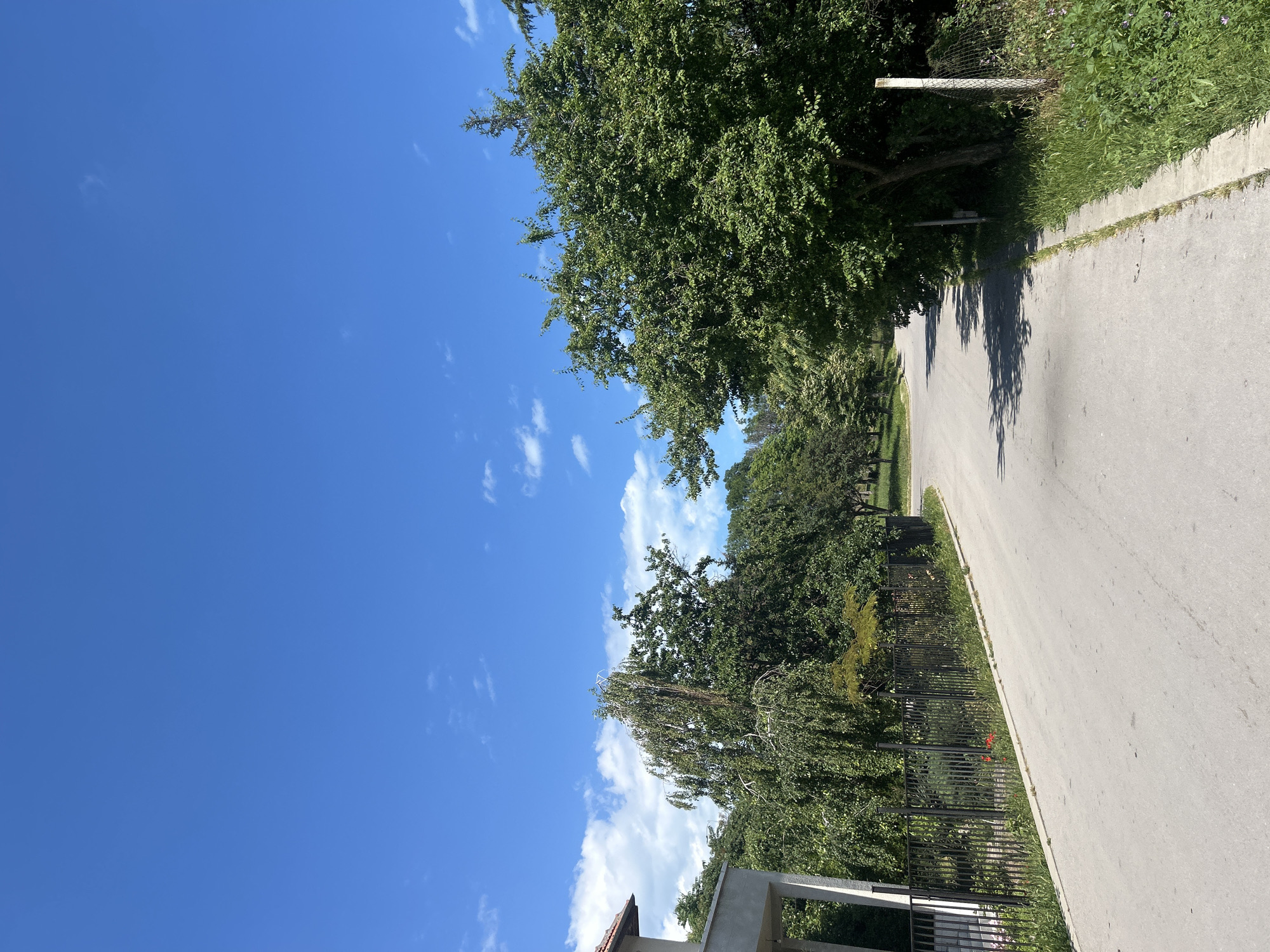 The image depicts a bright, sunny day with a clear blue sky and scattered white clouds. The scene is an outdoor pathway lined with lush green trees and vegetation. A paved road runs alongside the pathway, casting long shadows from the trees onto its surface, indicating it is likely mid-morning or late afternoon. A black metal fence separates the pathway from a densely wooded area. Some flowering plants, possibly poppies, add small touches of red to the greenery. In the foreground, a section of a building under construction is visible, with concrete walls and a partial roof. The overall impression is one of a peaceful, suburban or park-like setting on a pleasant day. There is no visible text in the image. The location context is Varna, Bulgaria.