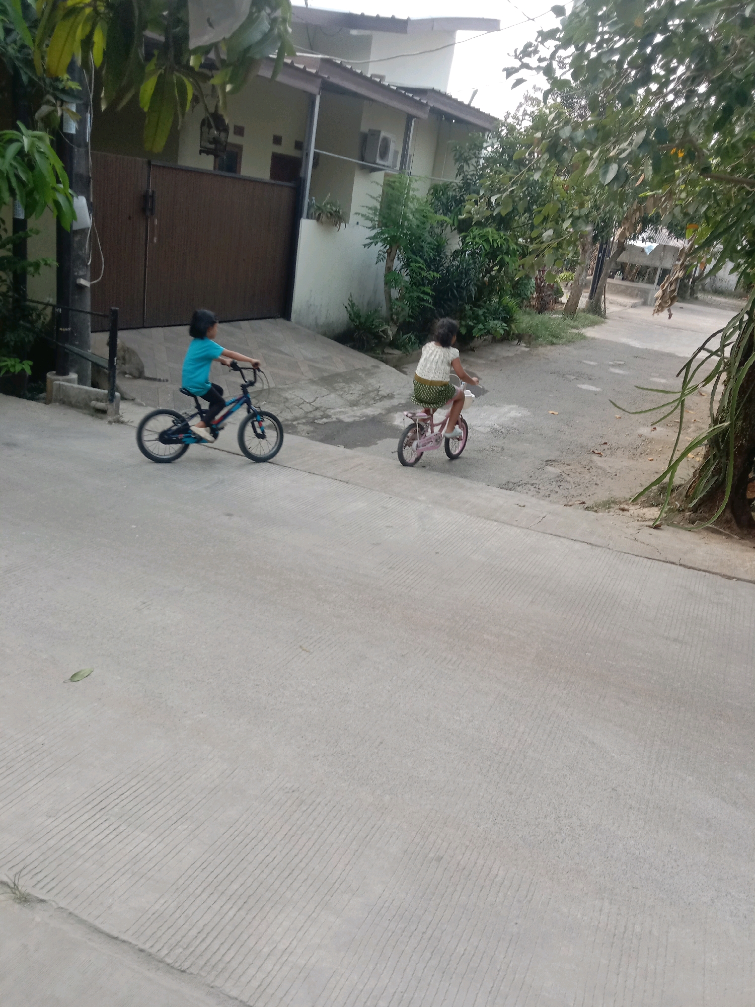 In Tajurhalang, Indonesia, two children are seen riding bicycles on a paved road. The child on the left, wearing a blue shirt and black pants, is on a blue bicycle with black handlebars. The child on the right, wearing a white and green patterned outfit, is on a pink bicycle. The background features a house with a brown gate and lush green trees. The road surface shows textured patterns.