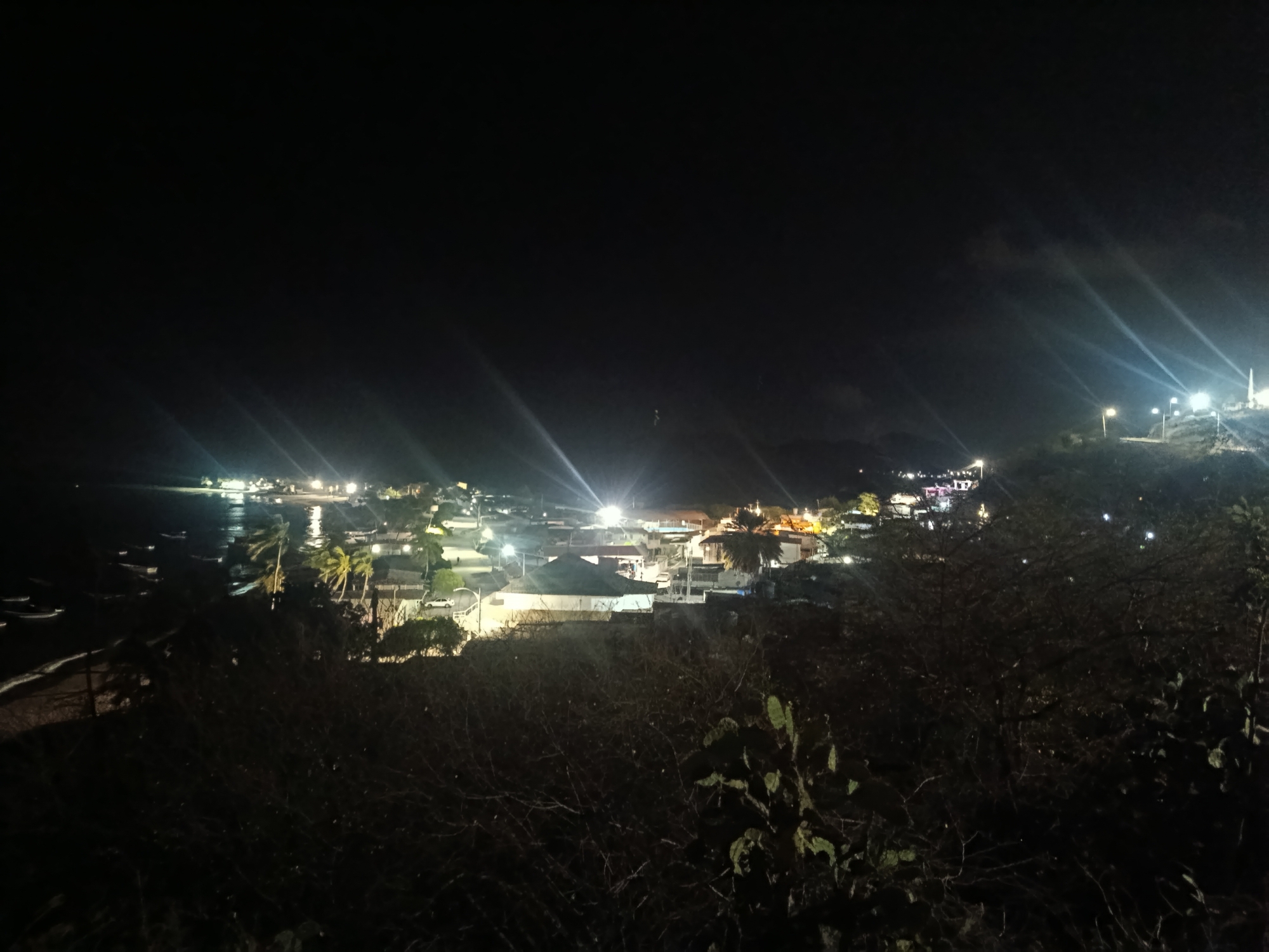 The image shows Juan Griego, Venezuela at night. The foreground is dark and filled with vegetation. In the middle ground, a town is illuminated by streetlights and lights from buildings. The town is situated along a coastline, with a bay visible on the left. There are few mountains in the background, above the town. There is evidence of some clouds.