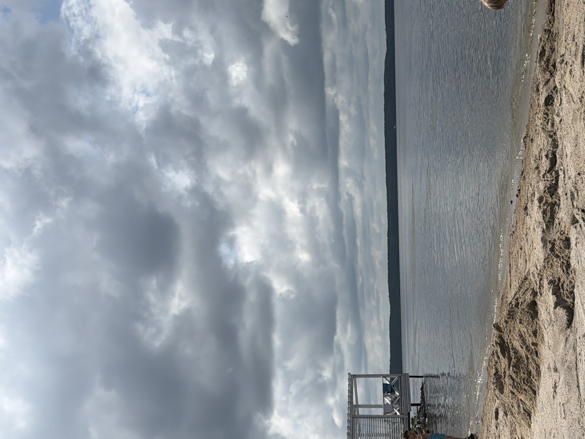 The image depicts a cloudy day at a beach. In the foreground, there is a sandy beach with a pile of sand. To the left, a young boy wearing blue shorts stands by the water's edge. In the background, there is a body of water, and beyond that, a dark line of trees suggesting a forested shoreline. A white, open-air structure with a slatted roof and railings stands on stilts over the water to the left. The sky is filled with large, dark gray clouds, with some lighter patches indicating diffused sunlight. The overall scene is a natural landscape, likely a recreational area by a lake or river. The location is identified as Zarechny, Russia.