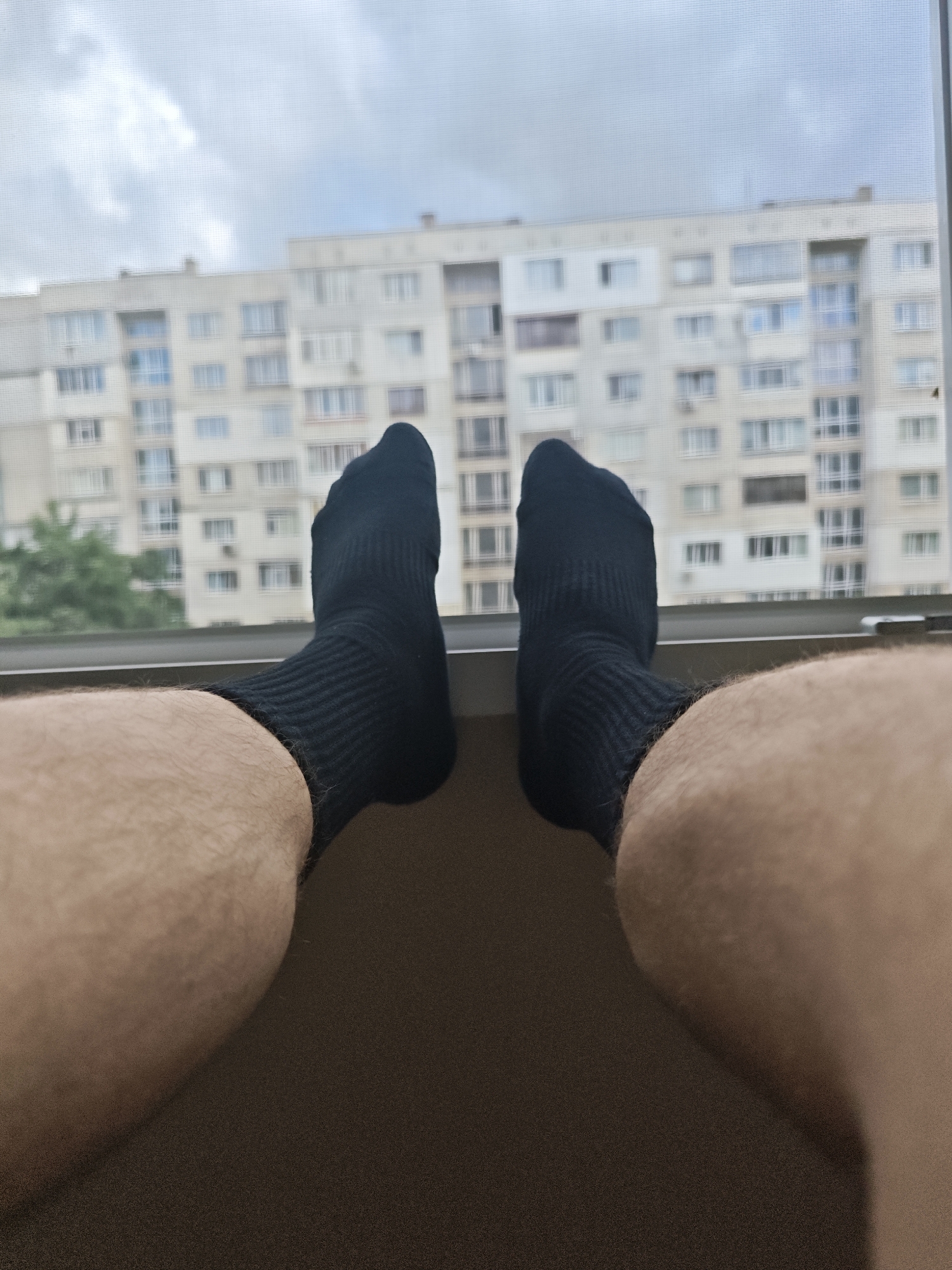 The image presents a first-person perspective looking out of a window onto an urban scene in Sofia, Bulgaria. In the foreground, a person's legs, covered in light brown hair, are propped up, likely resting on a windowsill or ledge. Both feet are wearing plain black ankle-length socks with a visible ribbed texture.
Beyond the window, a large, multi-story residential building, characteristic of an apartment block, dominates the mid-ground. Its facade is light-colored, featuring numerous windows and balconies. To the left, some green foliage, possibly from trees or bushes, is visible, partially obscuring the lower part of the distant building. The sky above is overcast with a blanket of grey clouds, suggesting a dull or cloudy day. A fine grid pattern is visible across the entire view of the outside, indicating the presence of a window screen.
The activity depicted is one of relaxation, with the person resting indoors while observing the cityscape. There is no visible text in the image.