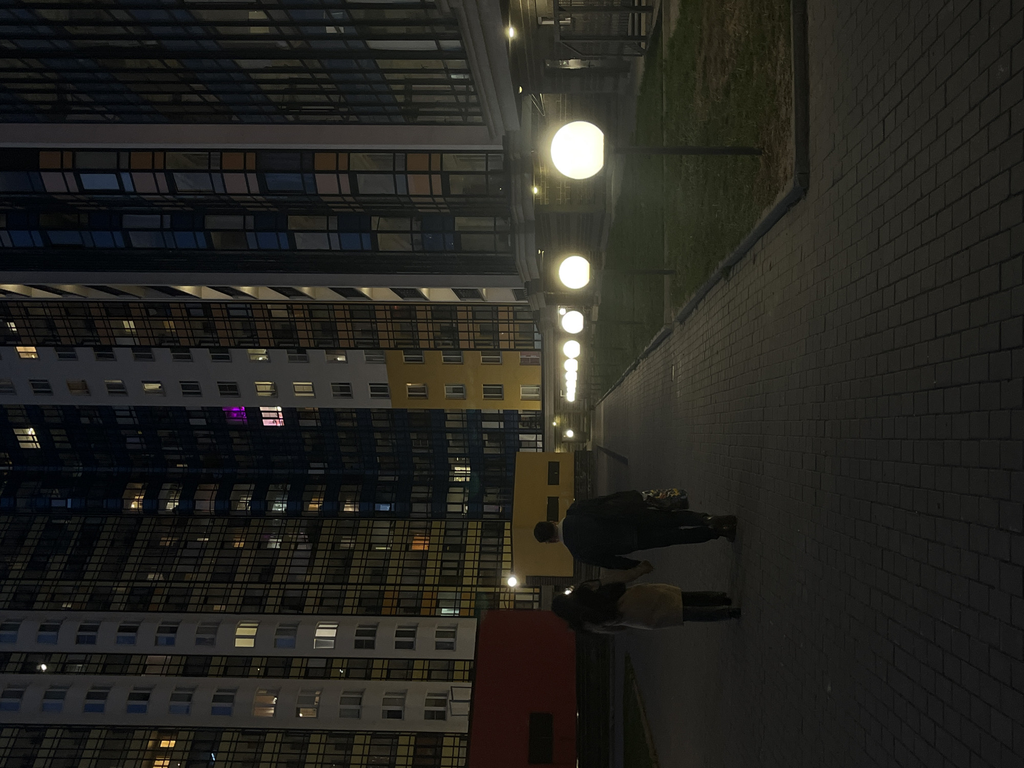 Observed at night in Vsevolozhsk, Russia, a multi-story apartment building lines the left side of the frame. It's distinguished by numerous illuminated windows arranged in horizontal rows, showing a range of colors. A line of sphere-shaped streetlights illuminates a paved walkway to the right. On the walkway, two individuals are walking. One figure appears larger, possibly male, and the other appears smaller, potentially female or a child. The lighting conditions are dim, casting the subjects in shadow.