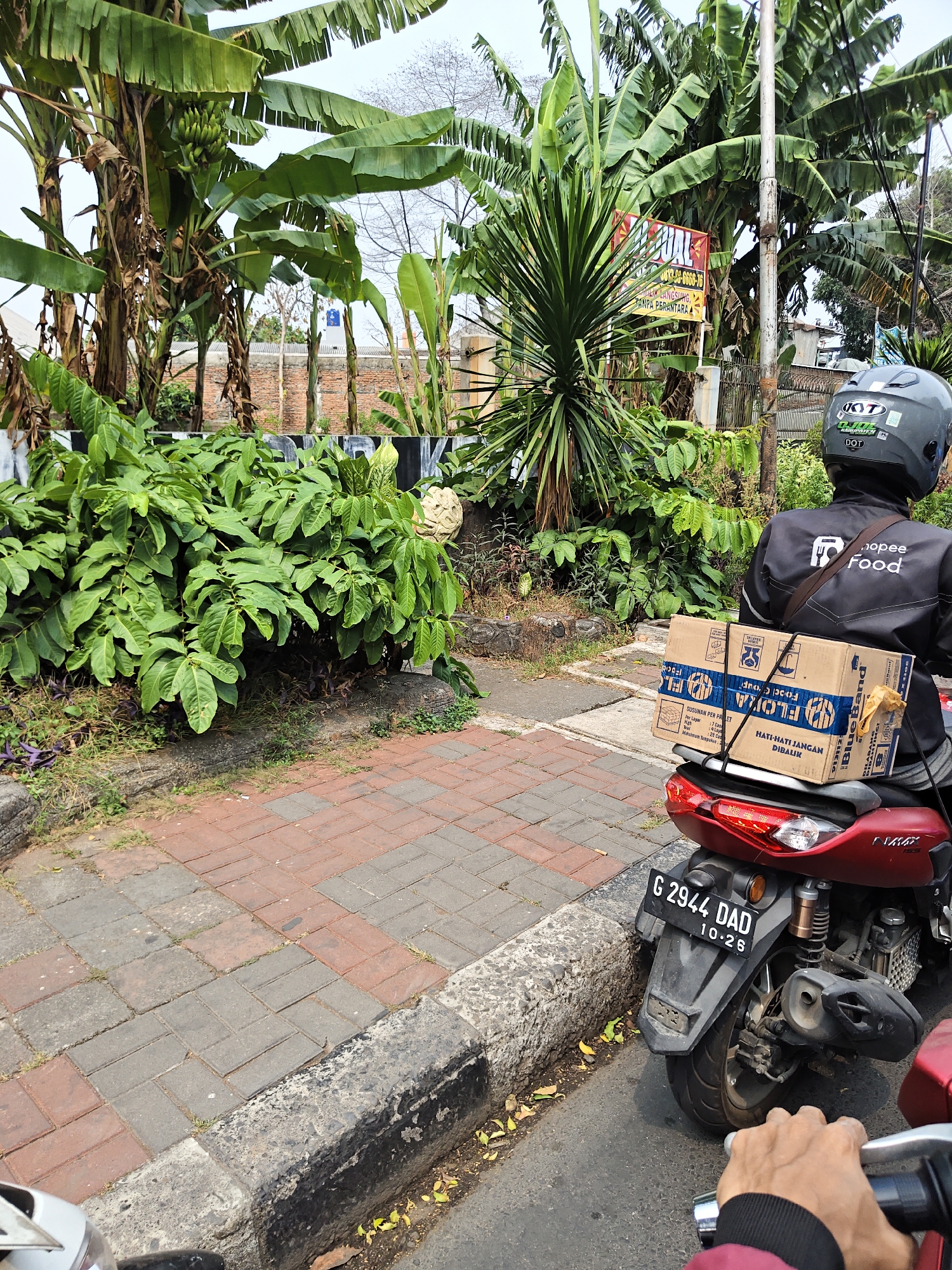 In the city of West Jakarta, Indonesia, a person is riding a red scooter with a Shopee Food delivery jacket and a grey helmet. The scooter is carrying a cardboard box with blue stripes and text, secured with black straps. The background features lush greenery, including banana trees and other tropical plants, as well as a brick wall and a sign that reads "PUL". The scooter is parked on a street with a brick and concrete sidewalk. A hand is visible in the foreground, holding the scooter's handlebar. The license plate of the scooter reads "G 2944 DAD 10.26".