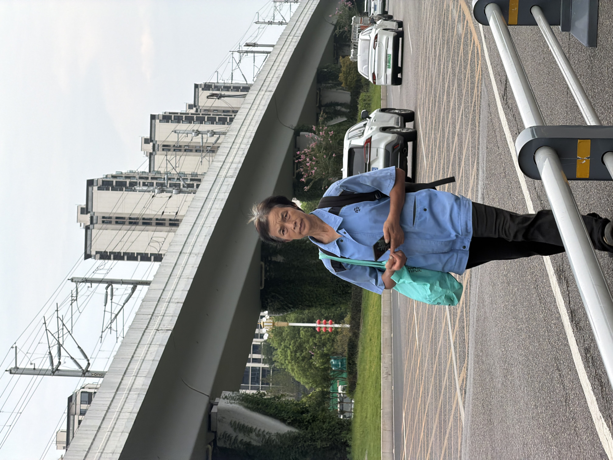 An elderly East Asian woman, wearing a blue work shirt and black pants, stands on a road in Jiangjin District, Chongqing, China. She is holding a smartphone in her right hand and a light blue tote bag in her left. The background features an elevated concrete structure, possibly an overpass for a train or highway, with buildings and green foliage visible underneath and beyond. Several cars are on the road in front of her, moving away from the camera. The sky is overcast.