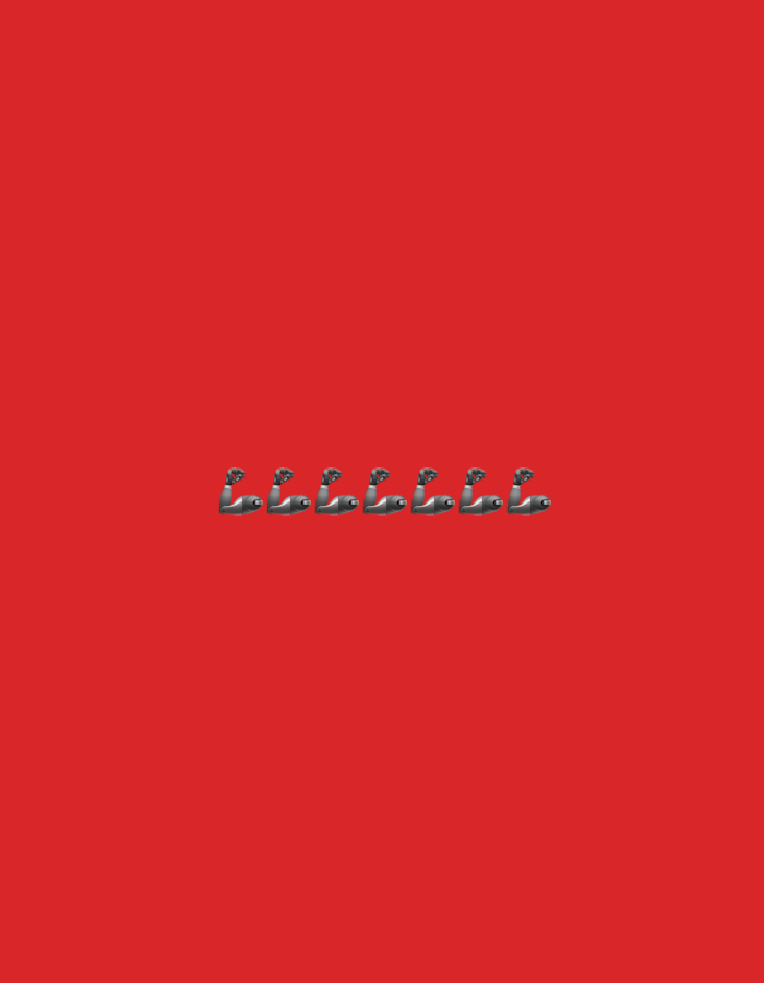 The image is a digital graphic with a solid red background. In the lower-middle section of the image, there are six identical emojis of a flexed arm, representing muscle. These emojis are arranged in a horizontal line, spaced evenly apart, and are all facing the viewer's left. The overall impression is a repetitive pattern of strength or power symbols against a plain, vibrant backdrop. There are no discernible environmental features or specific locations identifiable within the image, making it impossible to determine its connection to Gorzow, Poland.
