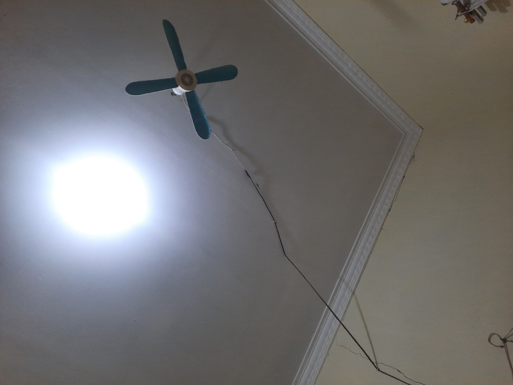 A ceiling fan with teal blades is mounted on a white ceiling. A bright light source is located to the left of the fan. A black wire extends from the fan and runs across the ceiling, attached by clips, and then down the wall. The ceiling has decorative molding around its perimeter. The walls are painted a light yellow. The scene appears to be an indoor room.