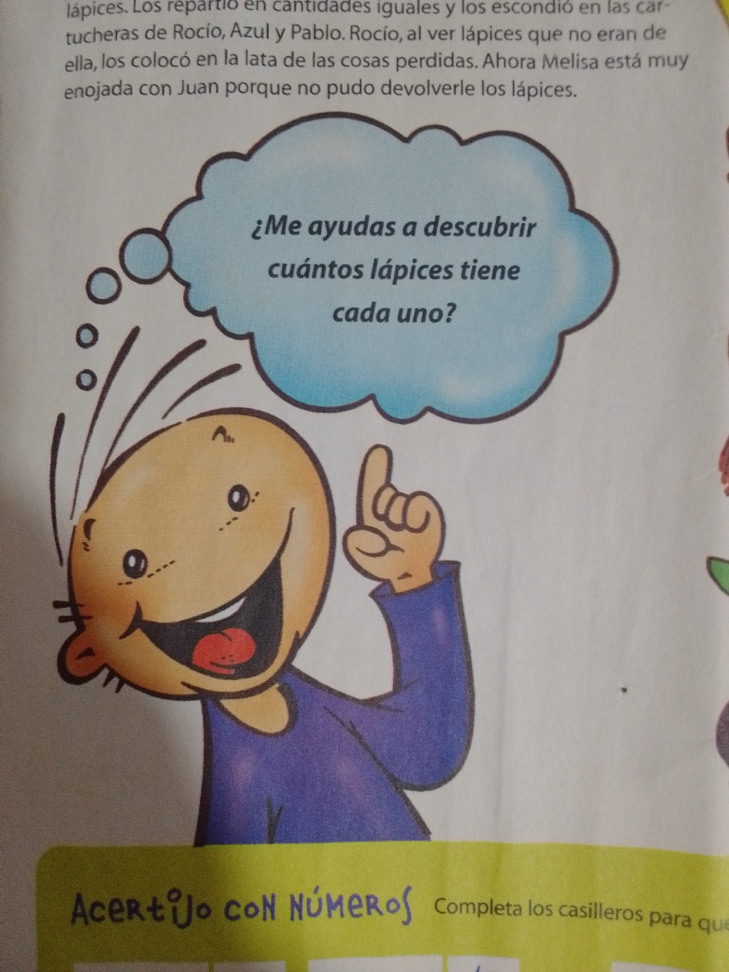 This is a close-up, eye-level, medium shot of an illustration from a children's book or educational material. The illustration depicts a cartoon boy with a large, happy smile, wide eyes, and spiky hair. He is wearing a purple shirt. A blue thought bubble above his head contains text in Spanish. The text reads: "¿Me ayudas a descubrir cuántos lápices tiene cada uno?". Below the illustration is a yellow banner with more Spanish text. This text reads: "Acertijo con números Completa los casilleros para que". The image contains no elements that can be used to determine a specific location in the city of La Tagua, Venezuela.