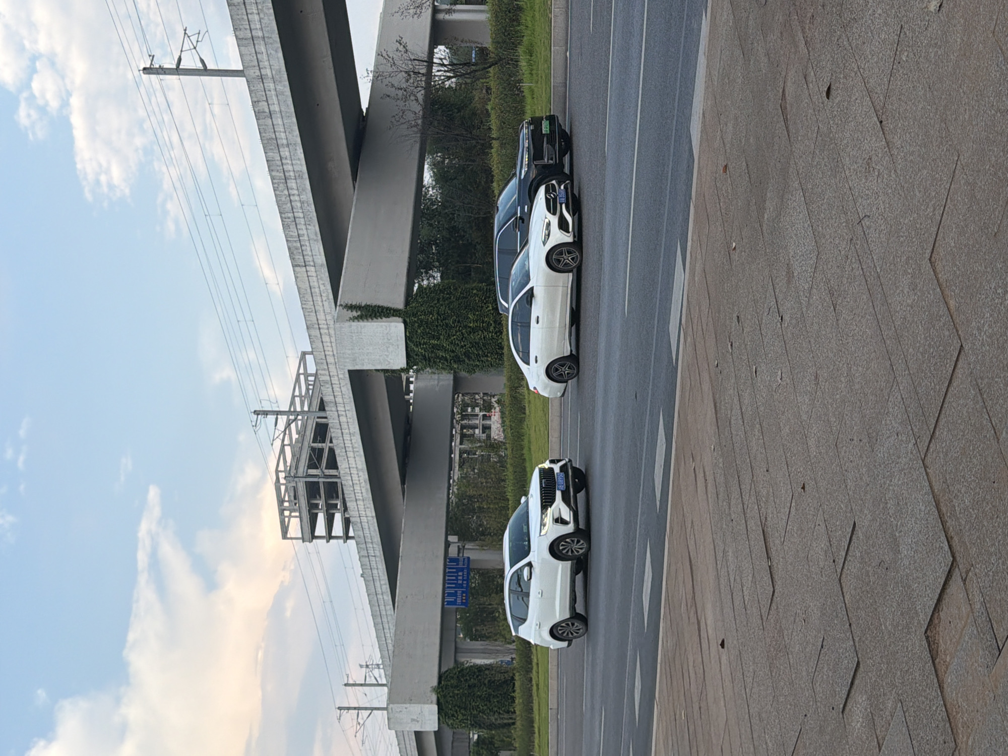The image depicts a street scene in Jiangjin, China, with a focus on vehicles and infrastructure. In the foreground, a grey tiled sidewalk runs alongside a paved road. Three cars are visible on the road: a white SUV on the left, a white sedan in the middle, and a black SUV on the right. The white SUV has a license plate that reads "川89542". The white sedan has a license plate that reads "川B505Q".
In the background, a large concrete overpass stretches across the scene. Underneath the overpass, there are numerous trees and vegetation, with some ivy growing on a concrete pillar supporting the overpass. A concrete structure, possibly under construction, is visible further in the background, above the overpass. Overhead, power lines are strung between poles, and the sky is partly cloudy. The overall impression is a modern urban environment with significant infrastructure.
