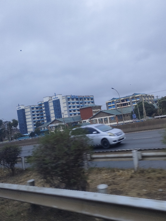 The photo shows a cloudy day with a view of buildings, a road, and a moving car. Two prominent buildings with "NISS" signs are visible. There's a highway with a silver car in motion. A metal guardrail is in the foreground, along with some shrubbery. The overall scene looks to be taken from inside a vehicle.