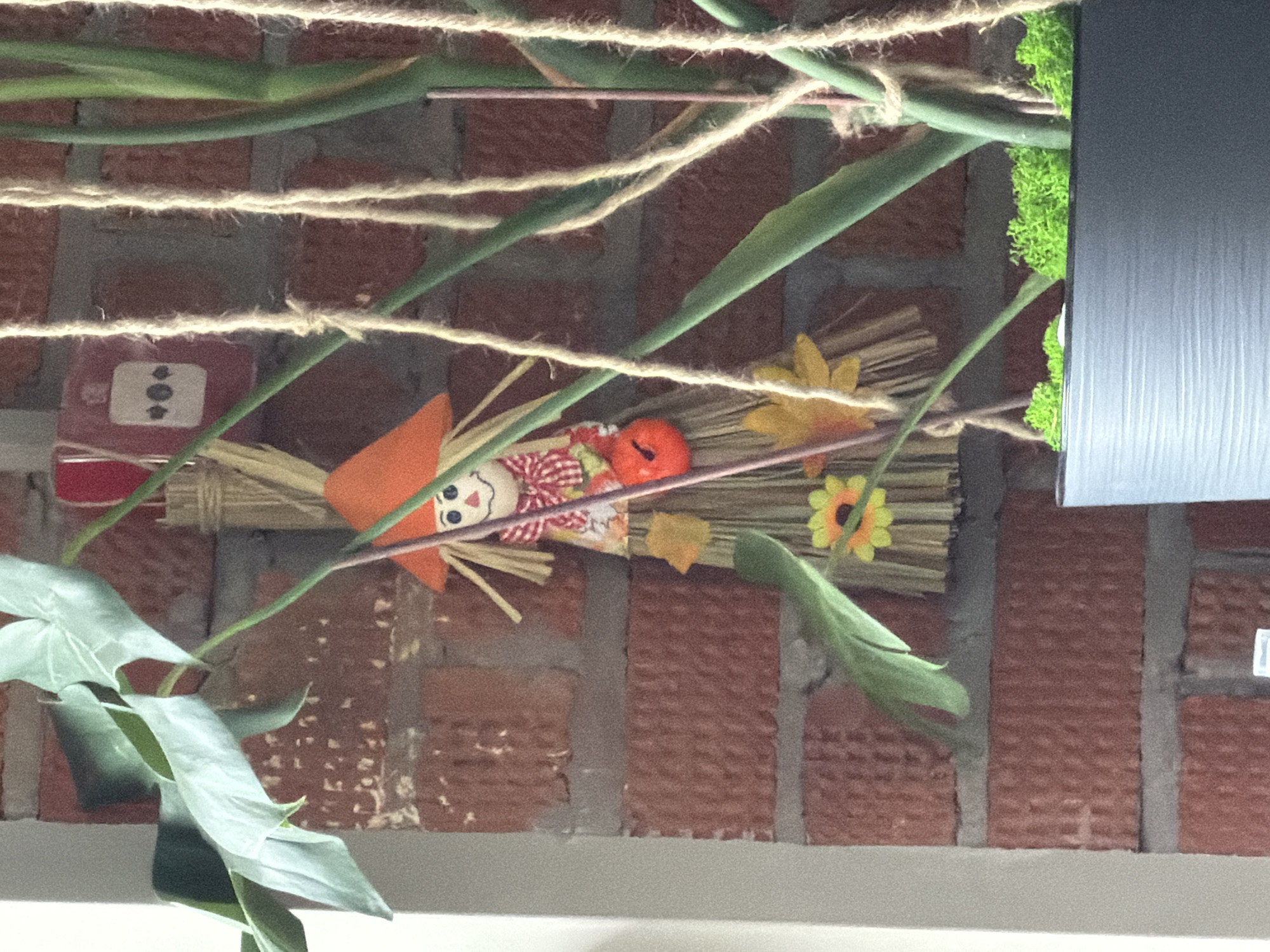 I lack the ability to discern a specific location in Pervomaysky, Russia, but I can describe the image. The image depicts an indoor setting with a brick wall as a backdrop. A decorative arrangement featuring a scarecrow figure attached to a small broom is prominent. There are also artificial plants and twine decorating the display. To the left of the scarecrow is a small red object. A grey object is located to the right of the broom with a strip of green moss visible behind it.