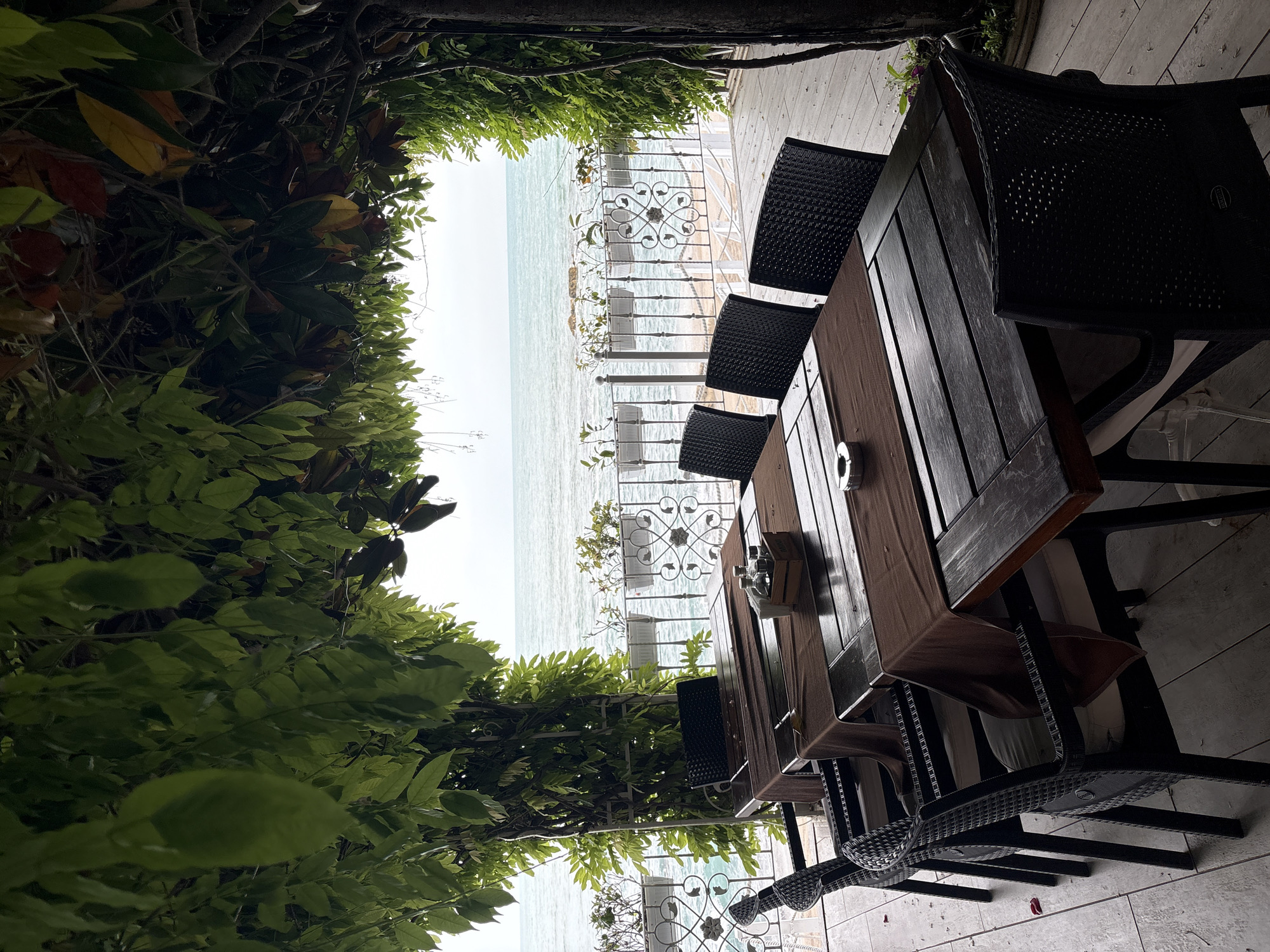 The image displays an inviting outdoor dining area, likely a restaurant or cafe patio, offering a scenic view of a calm sea. Lush, vibrant green foliage, possibly vines or climbing plants, frames the scene along the top and left, creating a natural, secluded ambiance.
In the foreground and to the right, a dark, slatted wooden table is set with several dark woven chairs. On the table, a square metal ashtray, a salt and pepper shaker set, and a napkin holder are visible, indicating readiness for diners. The patio floor is a light-colored wooden deck.
Beyond the dining setup, an ornate white metal railing, adorned with intricate scrollwork and small potted plants, lines the edge of the patio, overlooking the water. The sea appears tranquil, a muted turquoise expanse stretching towards a hazy horizon under a bright, overcast sky. The diffused light suggests it's daytime, possibly early morning or late afternoon, or simply a cloudy day. No people are present, lending a peaceful and serene atmosphere to the scene. The location cues strongly suggest a coastal setting. Faint, illegible white text is visible on the backrest of one of the chairs.