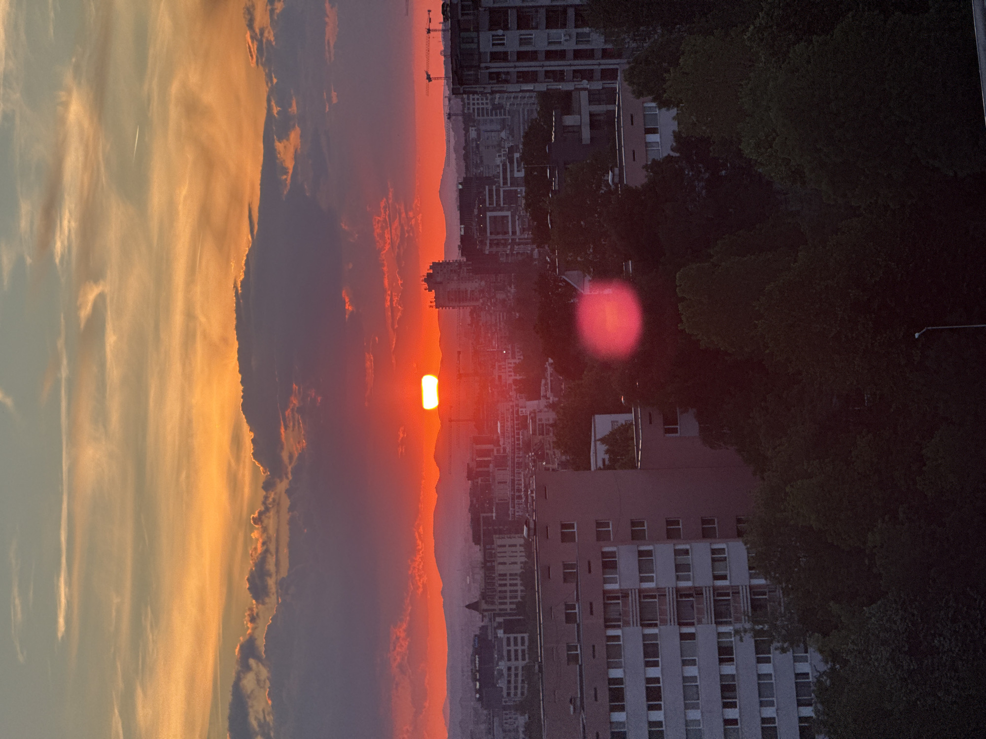 The image depicts a sunset over the city of Sofia, Bulgaria. The sky is filled with vibrant orange and red hues, transitioning into purple and gray near the horizon, with scattered clouds. The sun, a bright red disc, is partially obscured by clouds and appears low in the sky, suggesting it is near setting.
In the foreground, a multi-story apartment building with numerous windows is visible. To the right and in the distance, other buildings, including taller structures and cranes, indicate an urban environment. Trees are prominent in the lower portion of the image, casting shadows and adding depth to the scene. A faint red lens flare is present in the middle of the image. The overall impression is that of a cityscape during a dramatic sunset.