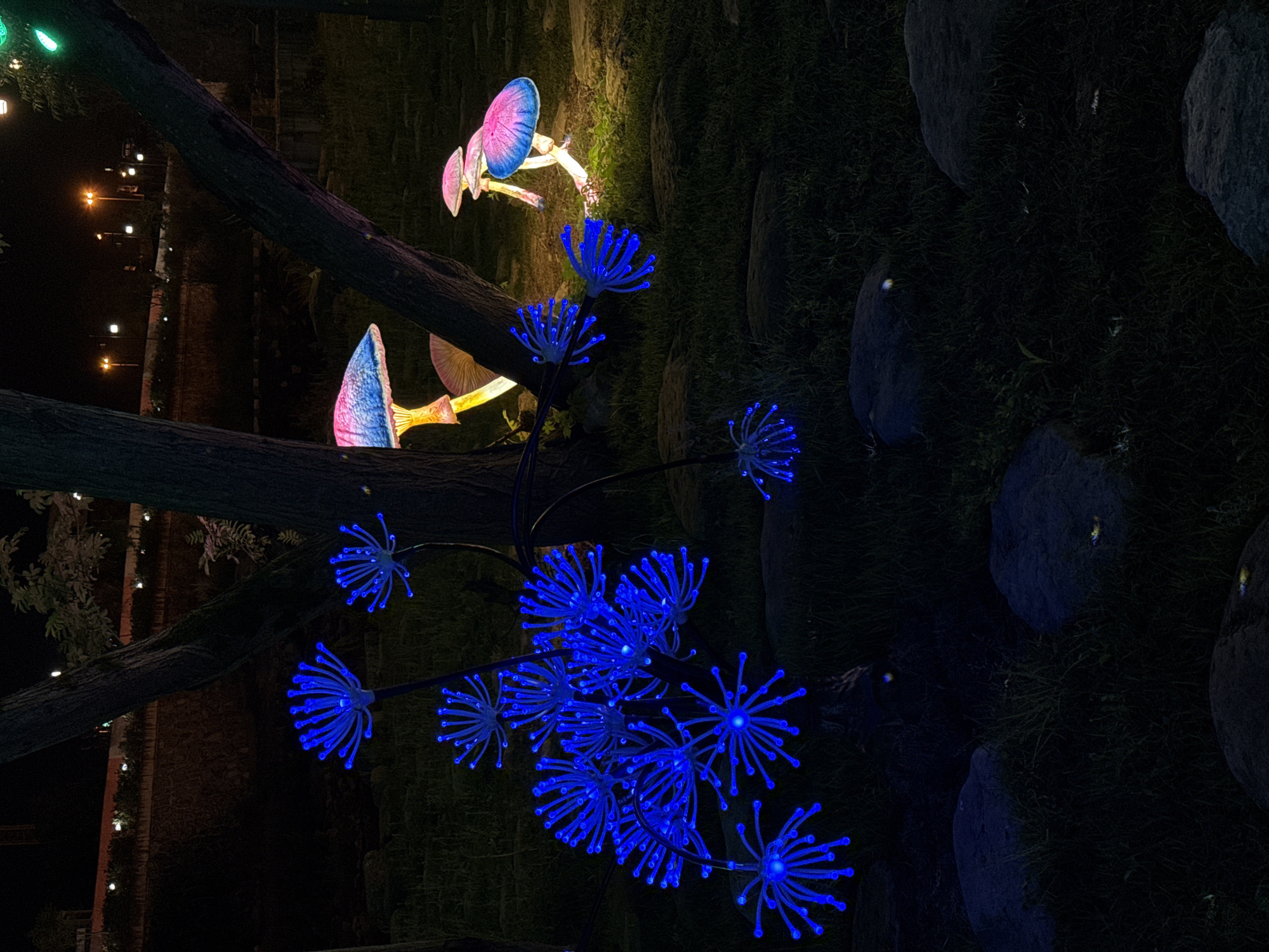 The image shows an outdoor nighttime scene in Wulingyuan, China, likely within a park or landscaped area. Artificial mushroom-shaped lights, illuminated with blue and pink hues, are interspersed among trees and rocks. The landscape includes dark patches of grass. In the background, a row of streetlights is visible, suggesting proximity to a road or pathway. The scene appears to be staged for a light display.
