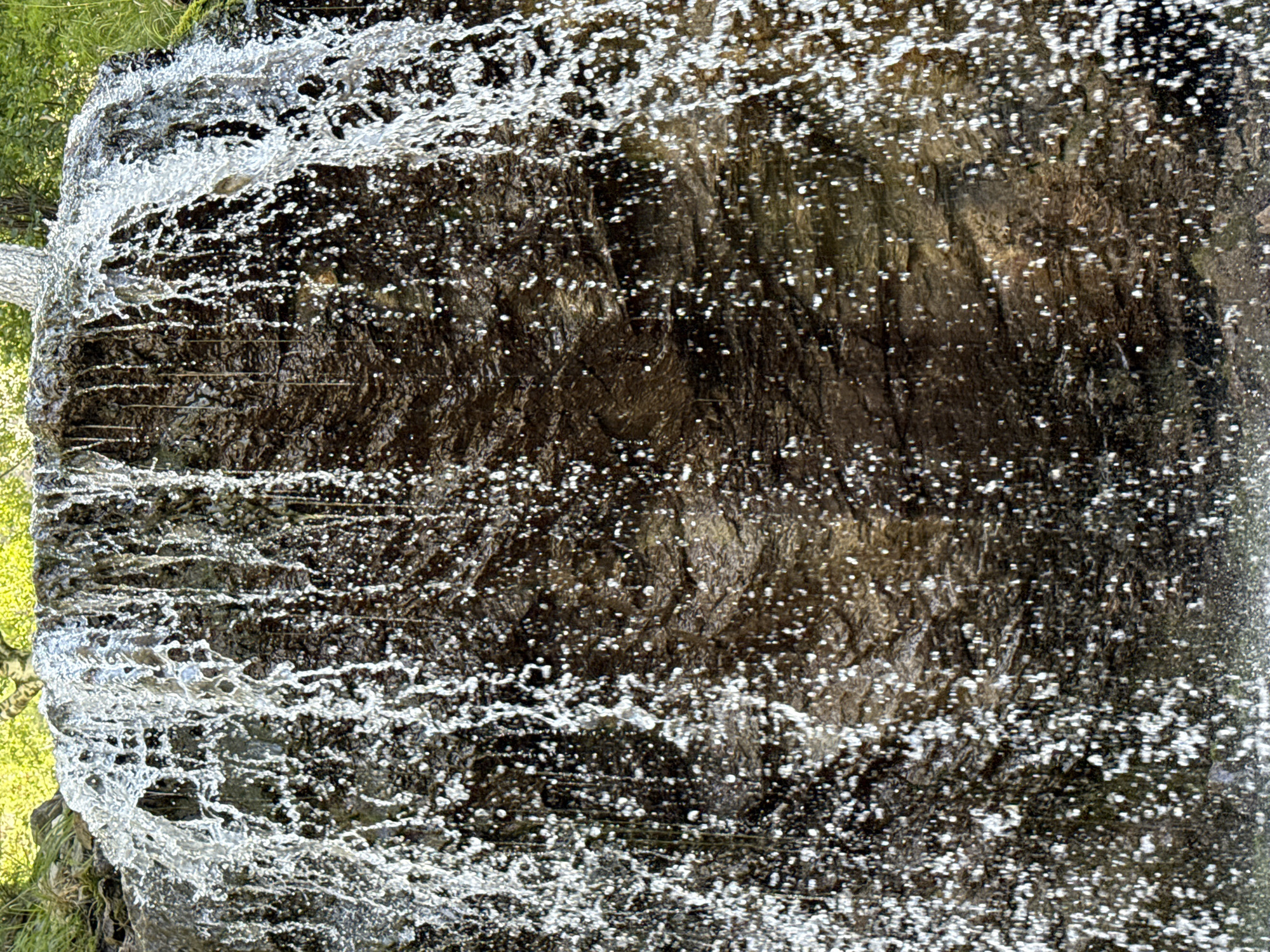 The image shows a close-up view of a waterfall cascading over a dark, rocky surface. The water is captured in motion, appearing as white streaks and droplets against the textured rock. Some areas of the rock are wet and shiny, while others appear drier and rougher. Green foliage is visible at the top of the image, suggesting an outdoor, natural setting. There are no people or man-made objects visible in the frame.