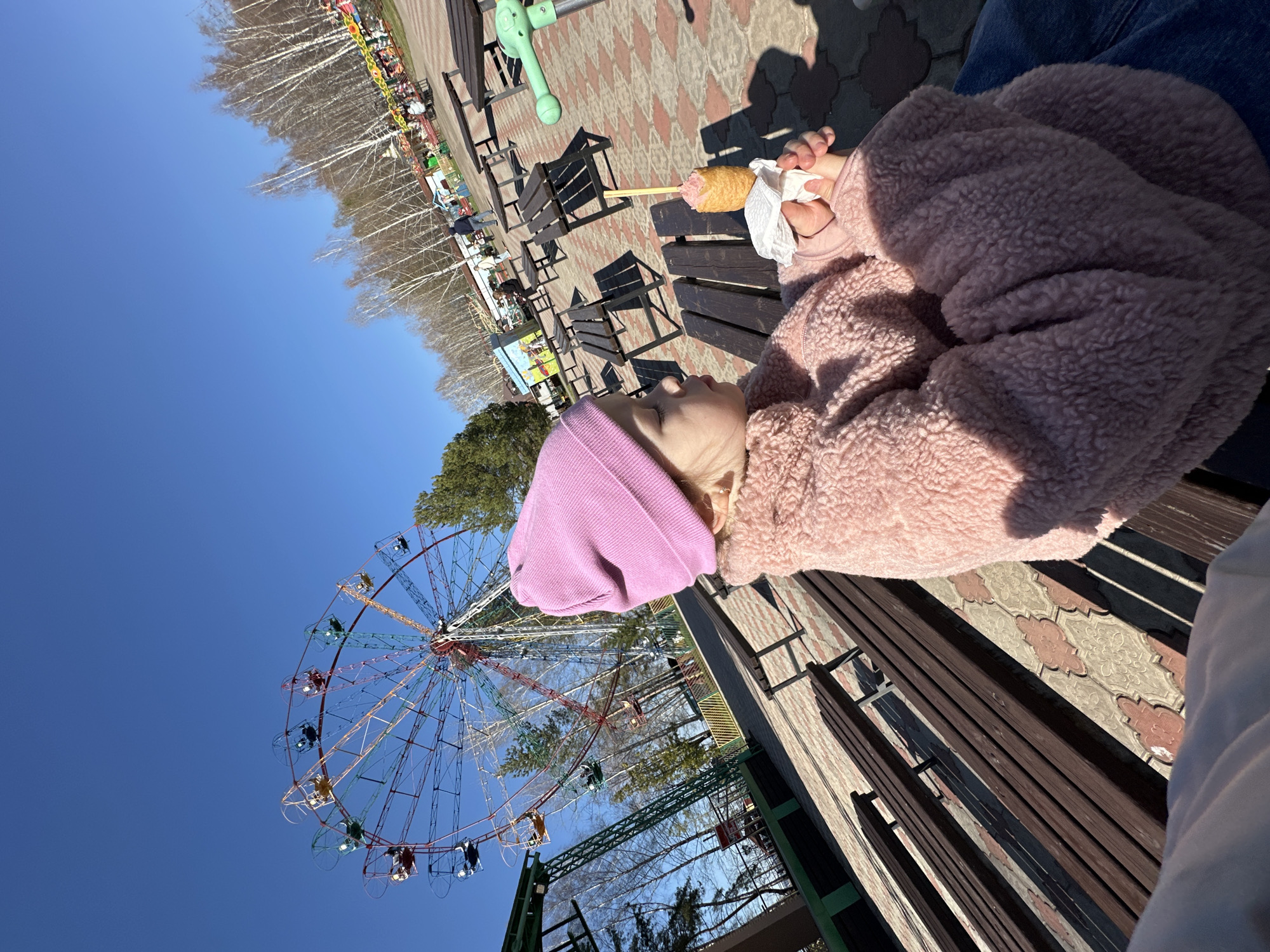 A young child, wearing a pink beanie and a pink fleece jacket, sits on a wooden bench at an amusement park. The child is holding a corndog wrapped in a paper napkin. A Ferris wheel stands in the background, partially obscured by trees. In the background, there are more benches and trees. The sky is clear and blue. The location is likely in the city of Chaikovsky, Russia.