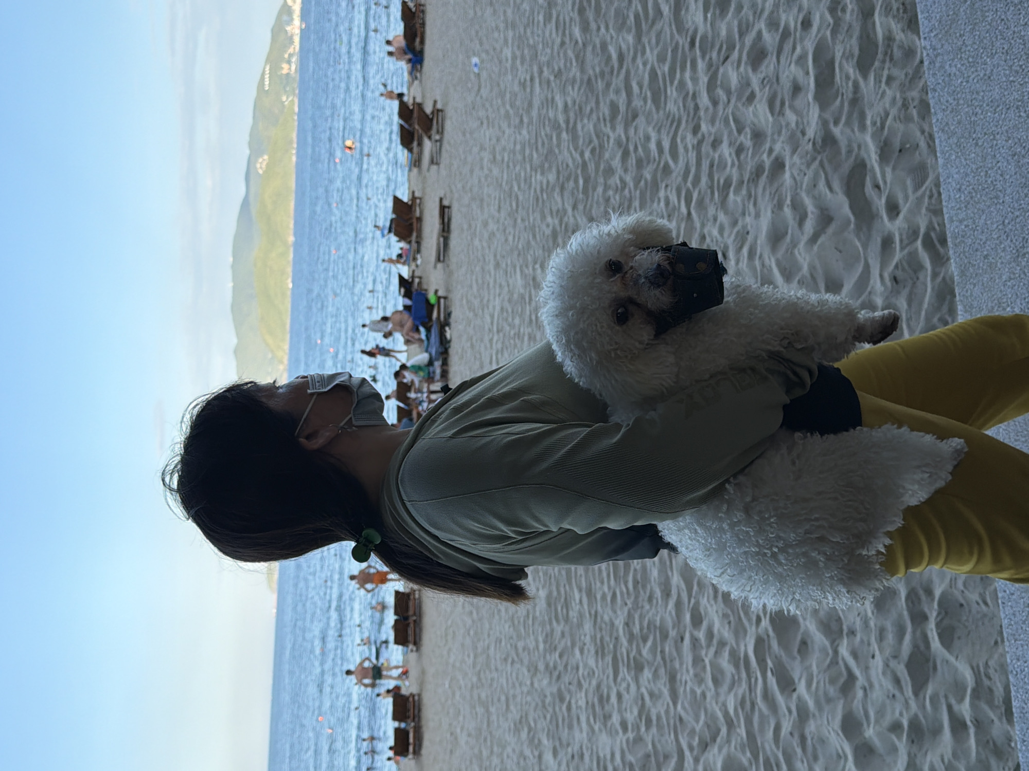 A person wearing a light-colored hoodie and yellow pants, with a face mask, carries a small, white, fluffy dog on a beach in Nha Trang, Vietnam. The dog is wearing a dark muzzle. The background shows the sea, with several people swimming and lounging on beach chairs. In the distance, hills and buildings can be seen. The sky is clear and blue.
