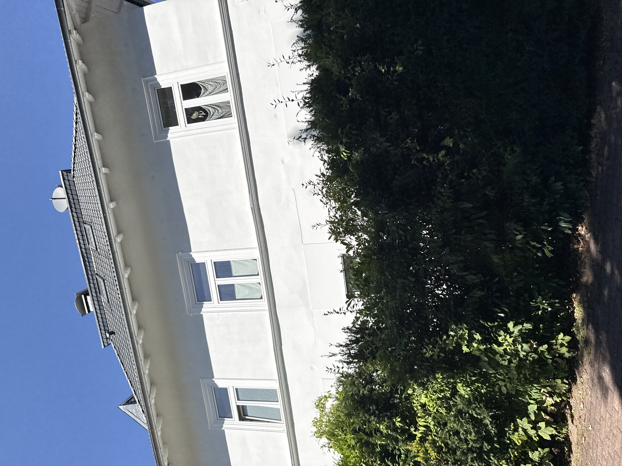 A bright, sunny day in Bad Sachsa, Germany, illuminates the facade of a white, multi-story building. The building features a grey tiled roof with dormer windows and a prominent satellite dish. Three rectangular windows with white trim are visible on the upper story, two of which contain light-colored curtains. A thick, green hedge runs along the base of the building, obscuring the lower part of the structure and extending across the width of the frame. The hedge is dense and varied, with different shades of green foliage. A paved area, possibly a sidewalk or path, is visible in the foreground, casting shadows from the sunlight. The overall impression is one of a well-maintained residential area bathed in clear blue sky.