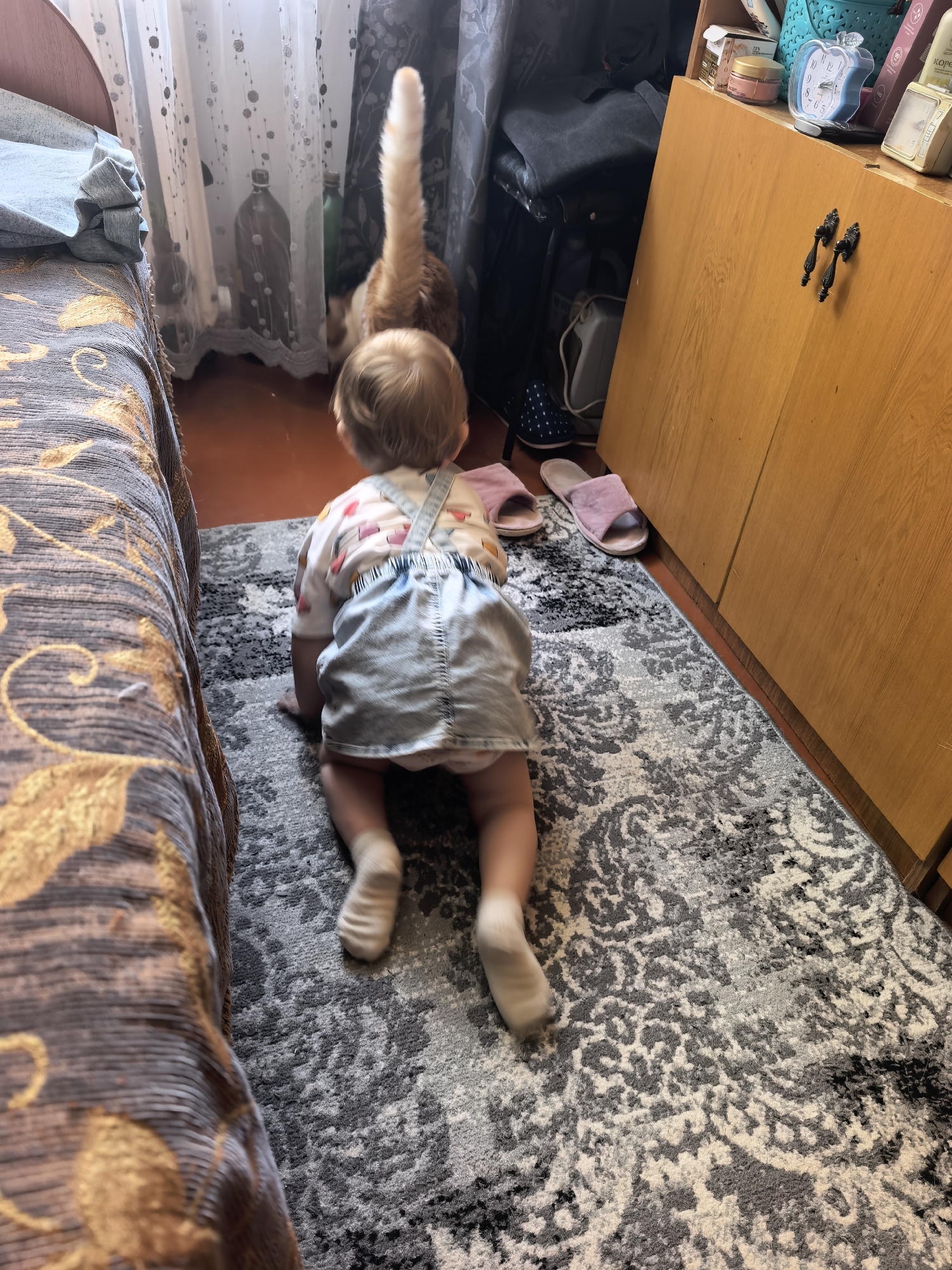 The image depicts an indoor scene with a toddler crawling on a patterned rug. The toddler is wearing a denim skirt overall and a t-shirt. A ginger cat with its tail raised is visible in the background, near a sheer curtain. To the right, a wooden cabinet with ornate handles is present, and a pair of pink slippers are on the floor. A bed with a patterned duvet is to the left of the frame. The setting appears to be a domestic interior, possibly a bedroom or living room. No specific location in Sterlitamak, Russia can be determined from the visual information provided.