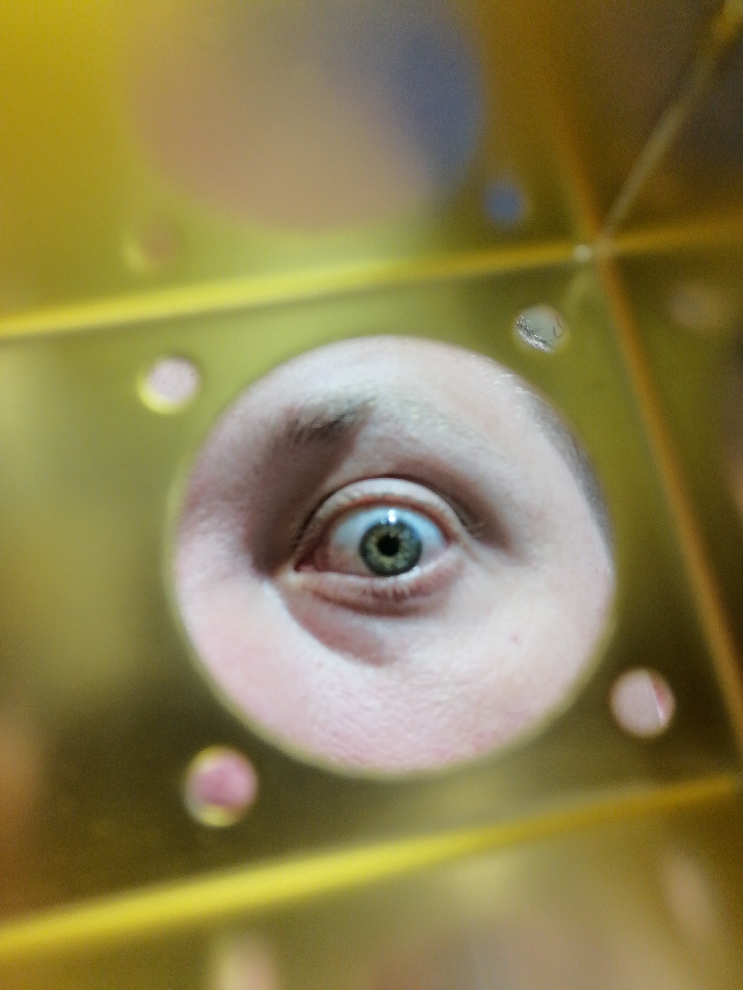 A human eye peers through a circular opening in a gold-colored surface with various holes. The eye is light-colored with a green iris. The surrounding skin is pinkish. The setting is Unknown, Unknown.