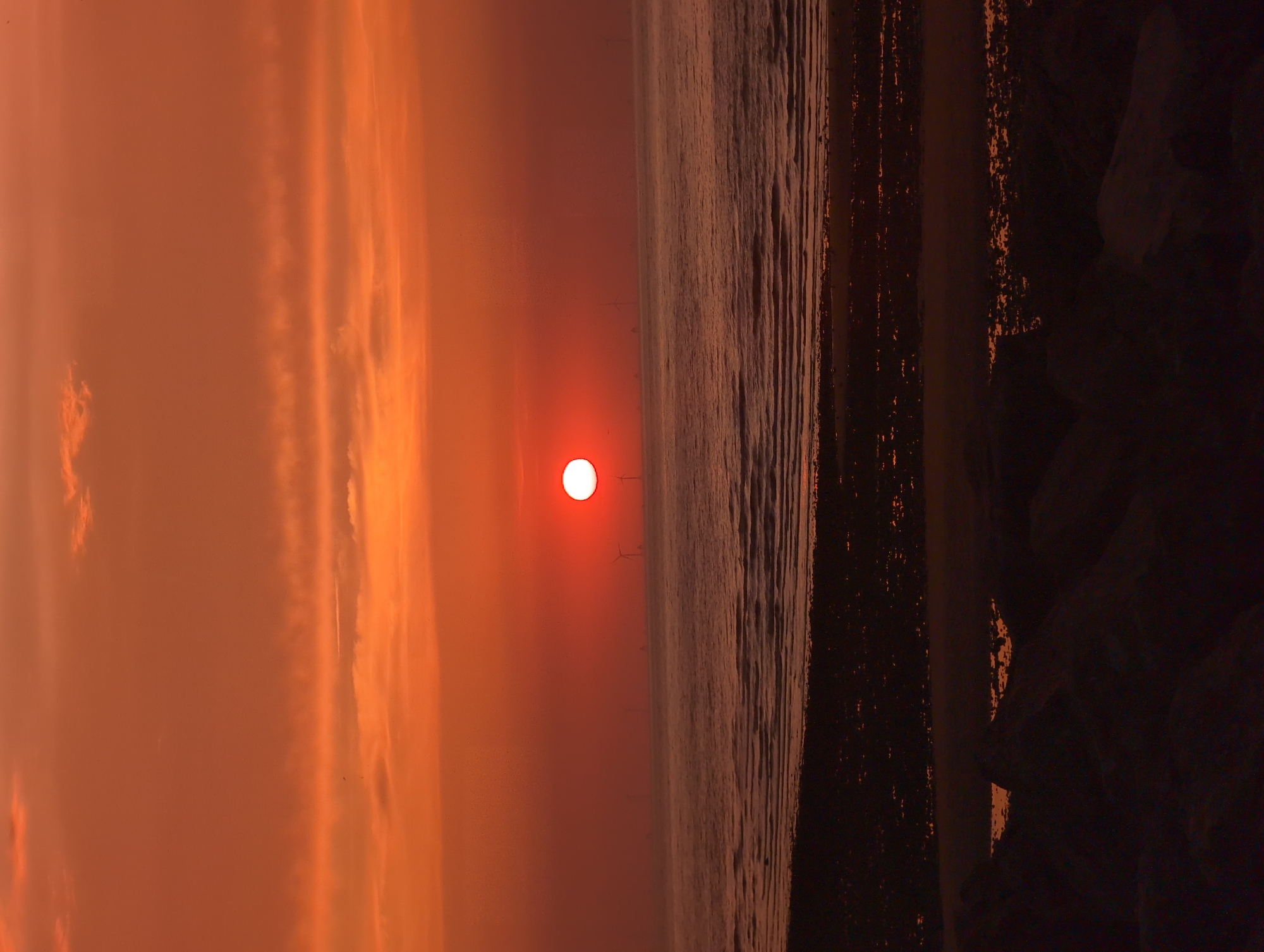 The image depicts a sunset over the sea, likely at Le Tréport, France. The sky is a vibrant orange, with streaks of clouds illuminated by the setting sun. The sun itself is a bright, white orb positioned near the horizon, casting a warm glow over the scene. In the distance, several wind turbines are visible, suggesting the presence of an offshore wind farm. The sea is calm, with gentle waves lapping against the shore. The foreground is a dark, silhouetted beach, with rocks and pebbles visible. The overall impression is one of a serene and beautiful coastal landscape at dusk.