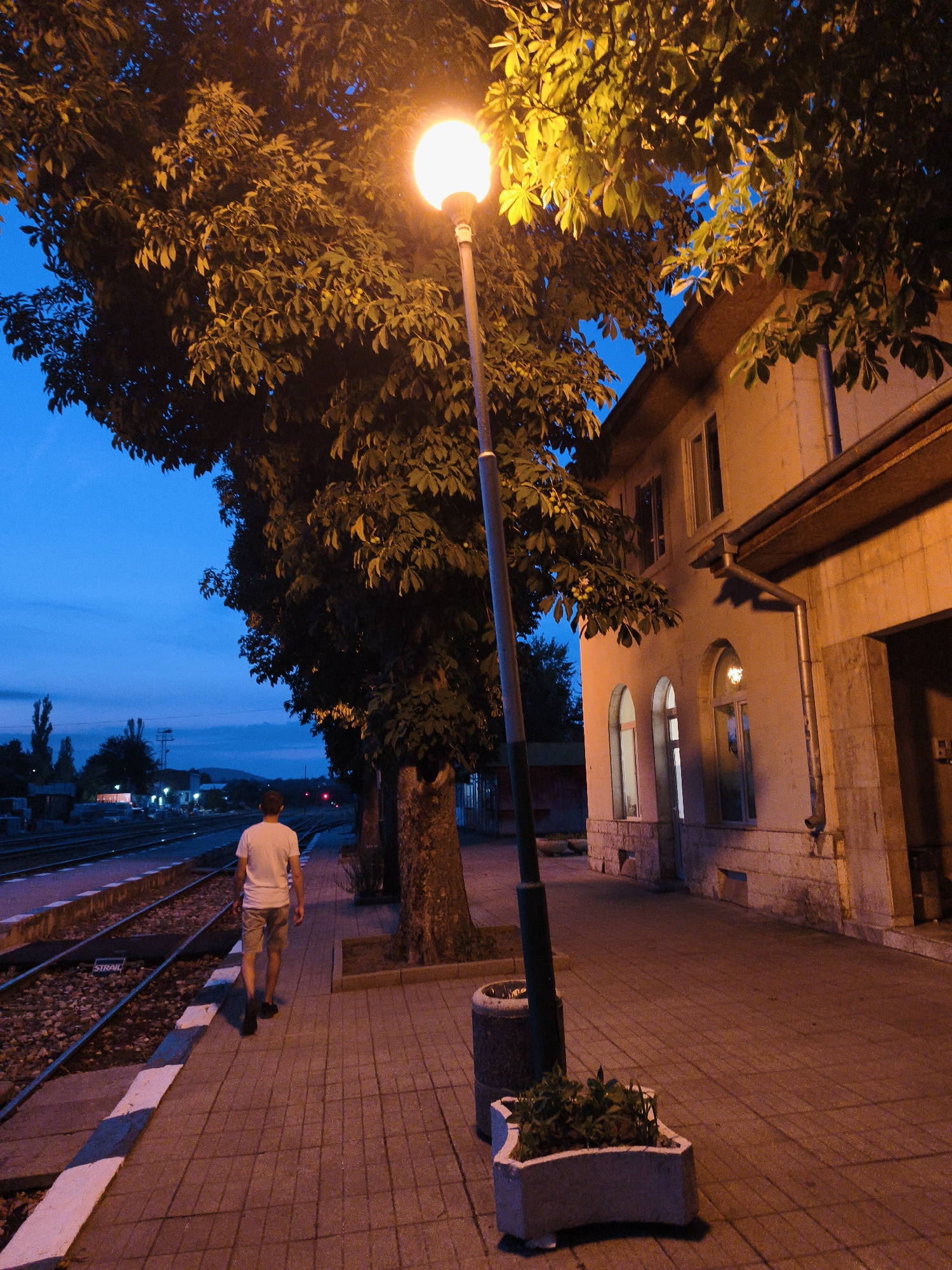 A lone man, wearing a white t-shirt and patterned shorts, walks away from the camera along a train station platform. The platform is paved with interlocking bricks and bordered by a white and grey striped edge. To the left of the platform are train tracks. To the right of the platform is a light-colored building with arched windows and a gutter system. A lamppost illuminates the scene with a warm yellow light, and a potted plant sits near the lamppost. The sky is a deep twilight blue, indicating it is either early evening or late night. Trees with dense foliage are visible behind the lamppost and in the background. The man is walking towards the left of the frame, away from the building and towards the train tracks. The overall impression is one of quiet solitude at a transportation hub as day transitions to night. The location is the Lovech train station in Lovech, Bulgaria.