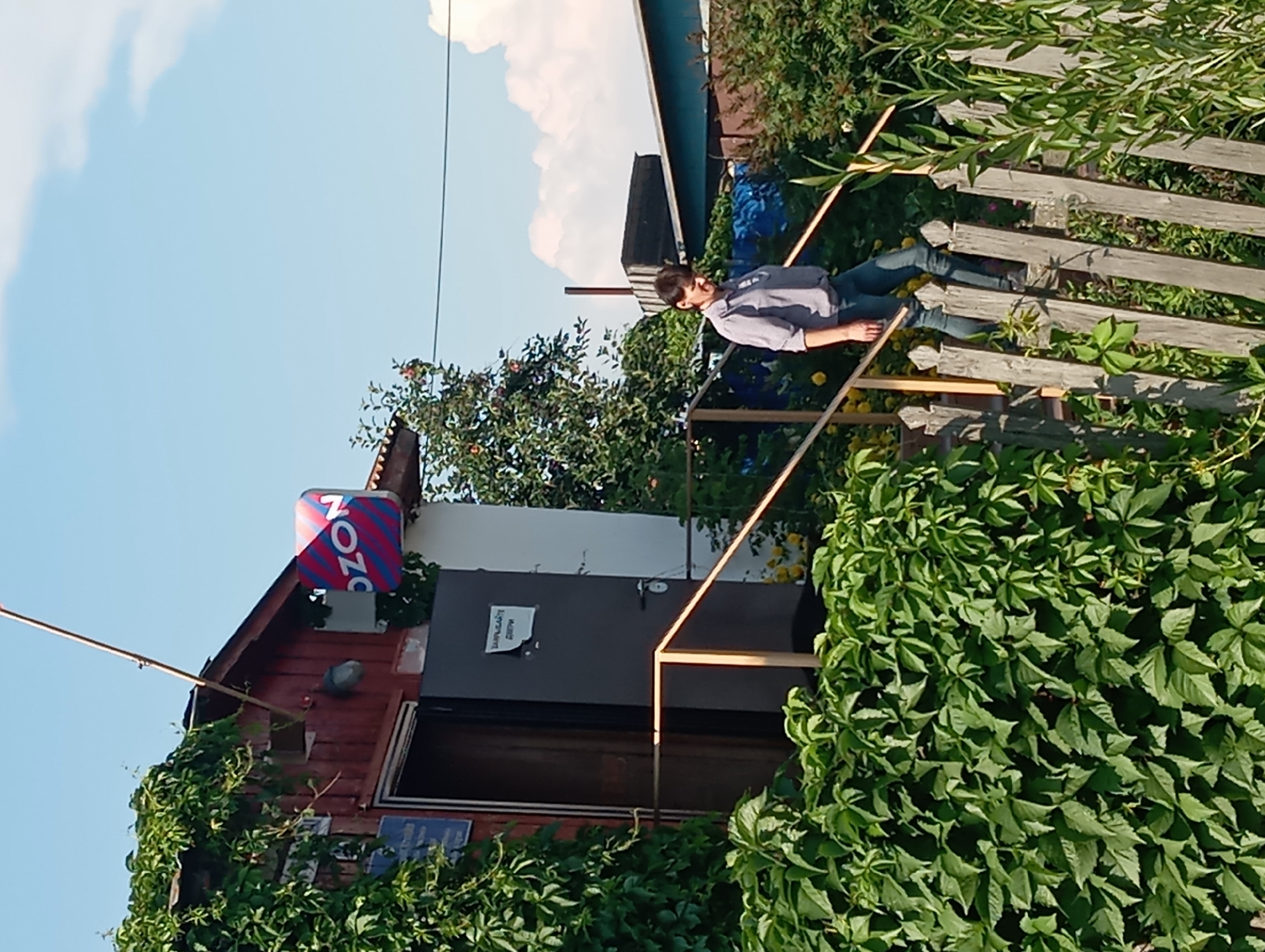 The image depicts a residential setting in the village of Novokopylovo, Russia, on a clear, sunny day. In the foreground, a weathered wooden fence borders a lush green garden. A woman, dressed in a light blue collared shirt and blue jeans, is descending a set of wooden stairs. The stairs lead up to a small, red wooden building with a white facade. A sign with the "OZON" logo, featuring red and blue stripes, is mounted on the building. A dark gray door is visible on the building's exterior, with a smaller sign reading "ЗАПАСНОЙ ВЫХОД" (Emergency Exit) affixed to it. The area is characterized by dense vegetation, including vines climbing the building and surrounding trees, suggesting a rural or semi-rural environment. In the background, other structures and trees are visible under a bright blue sky with scattered white clouds.